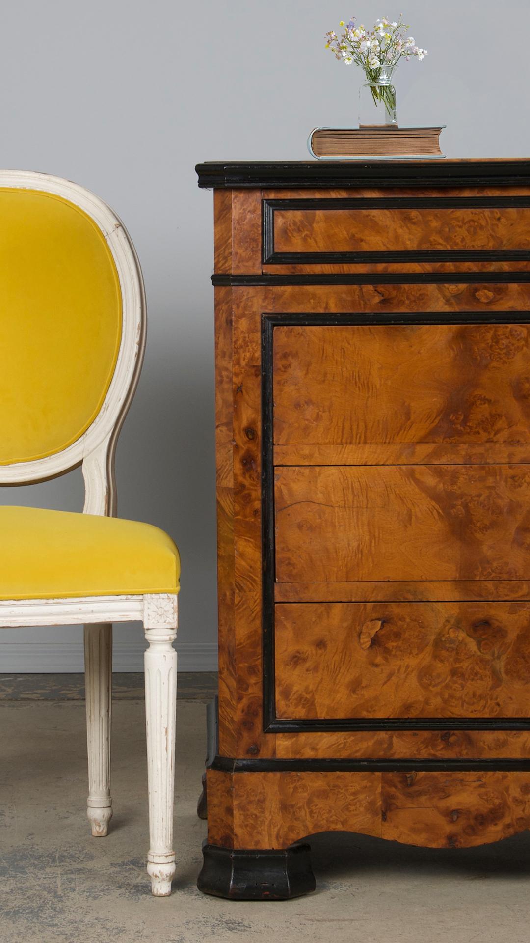 A truly delightful pair of French side accent chairs in the Louis XVI style, sourced from Provence, France. These chairs have a joyful presence—there’s something about their charm that instantly lifts the spirit. We think anyone who brings them home