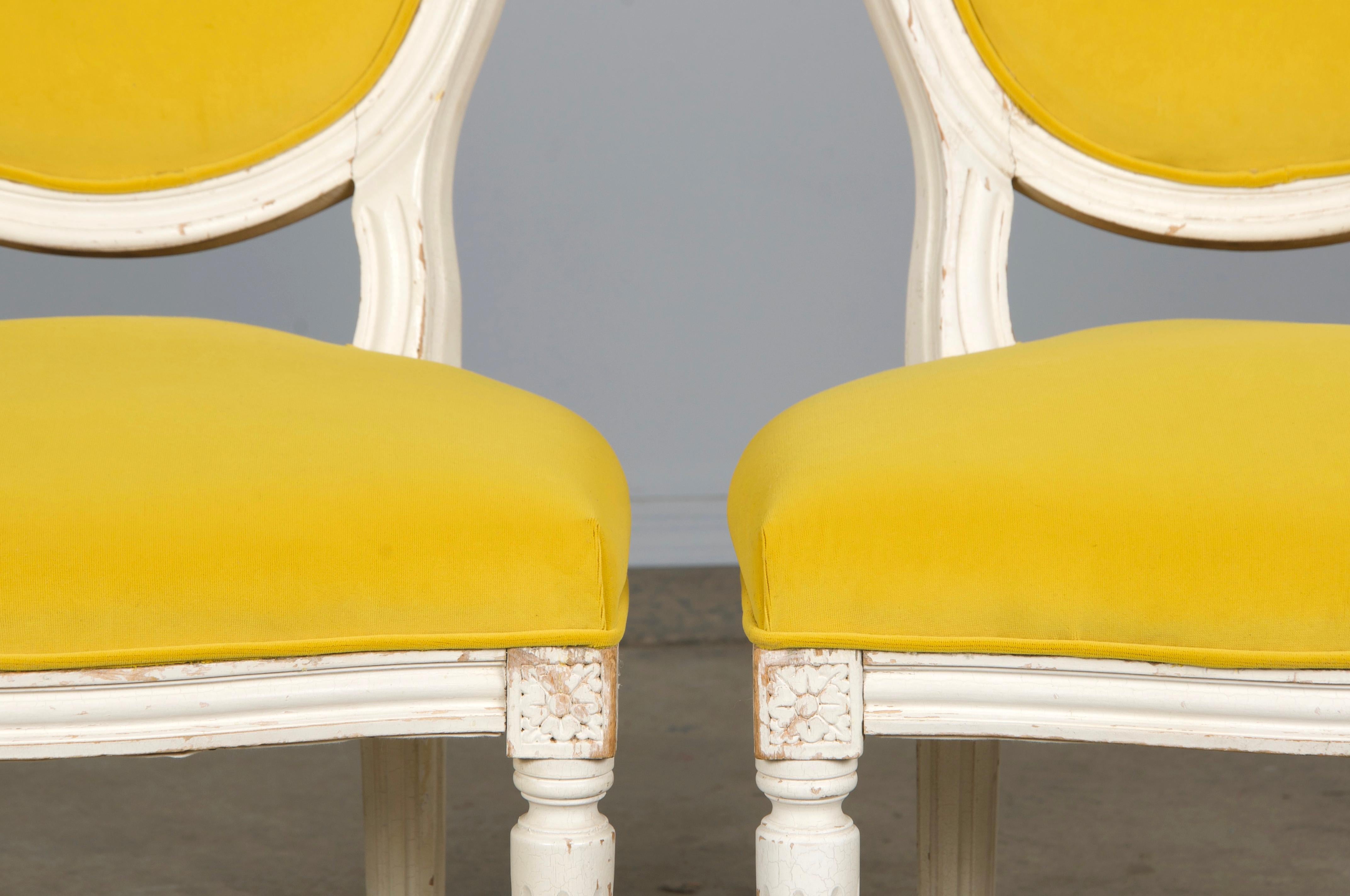 Hand-Carved French Louis XVI Style Painted Side Chairs in Lemon Velvet - A Pair For Sale