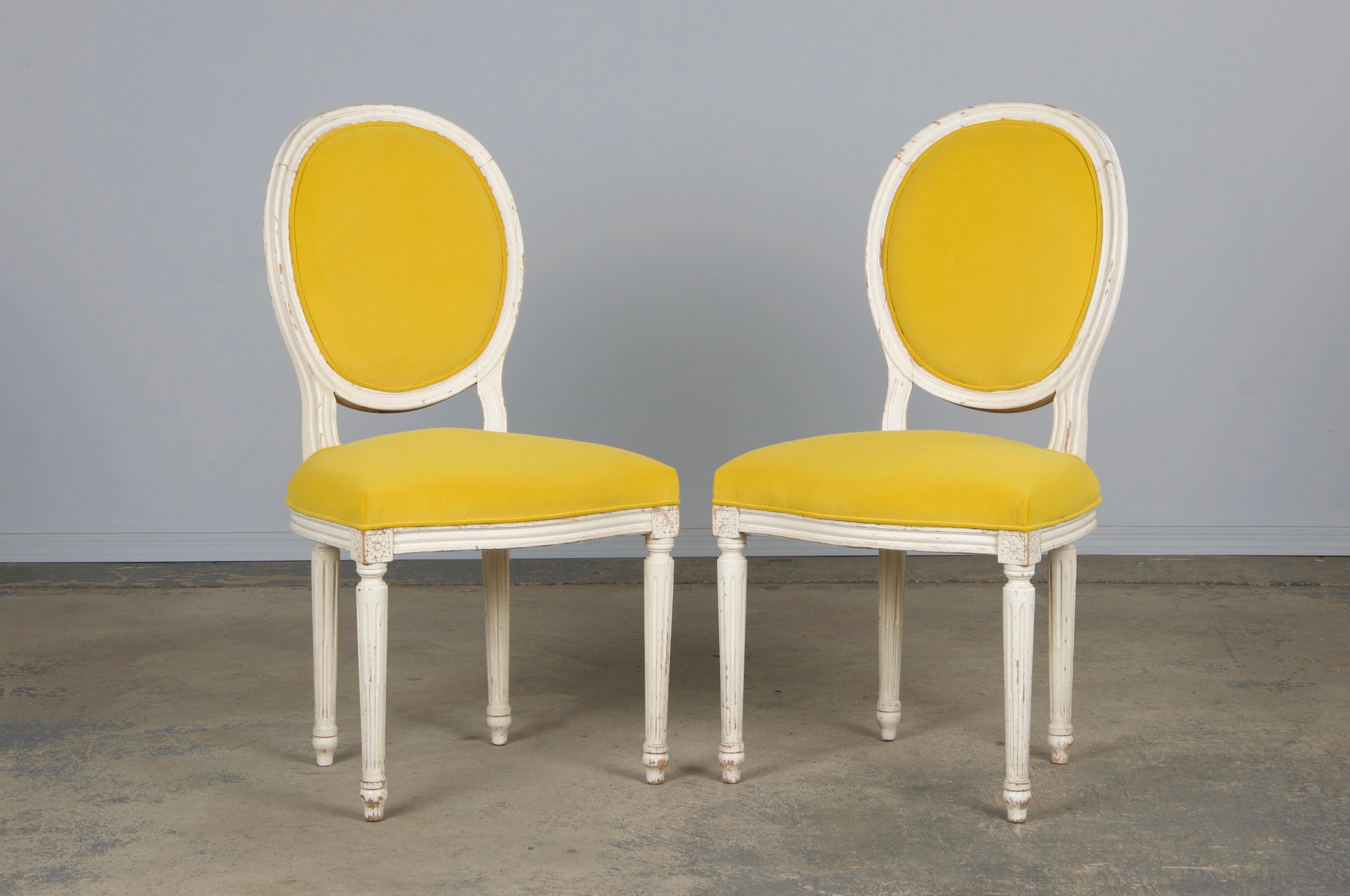French Louis XVI Style Painted Side Chairs in Lemon Velvet - A Pair For Sale 1