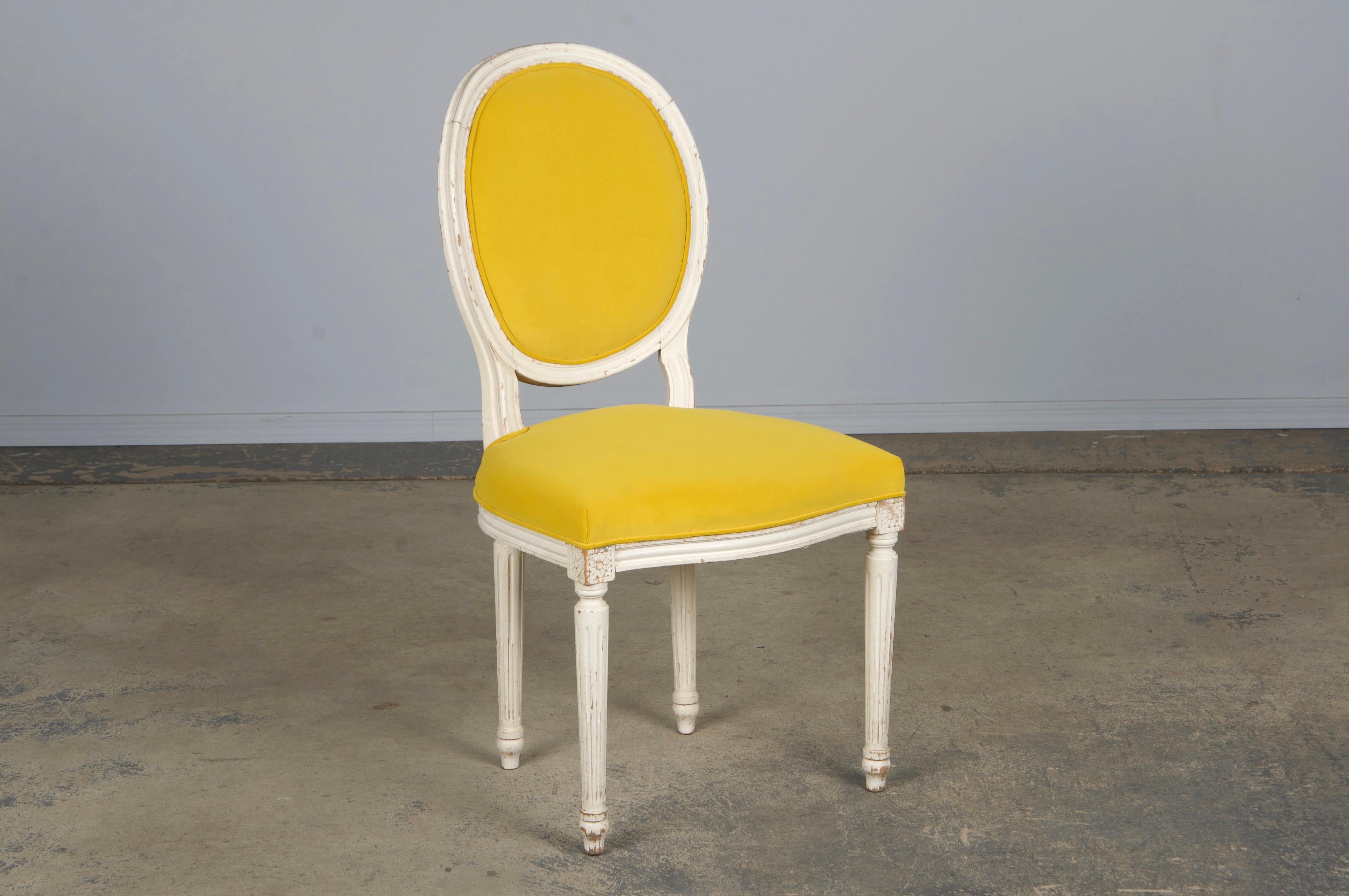 French Louis XVI Style Painted Side Chairs in Lemon Velvet - A Pair For Sale 2
