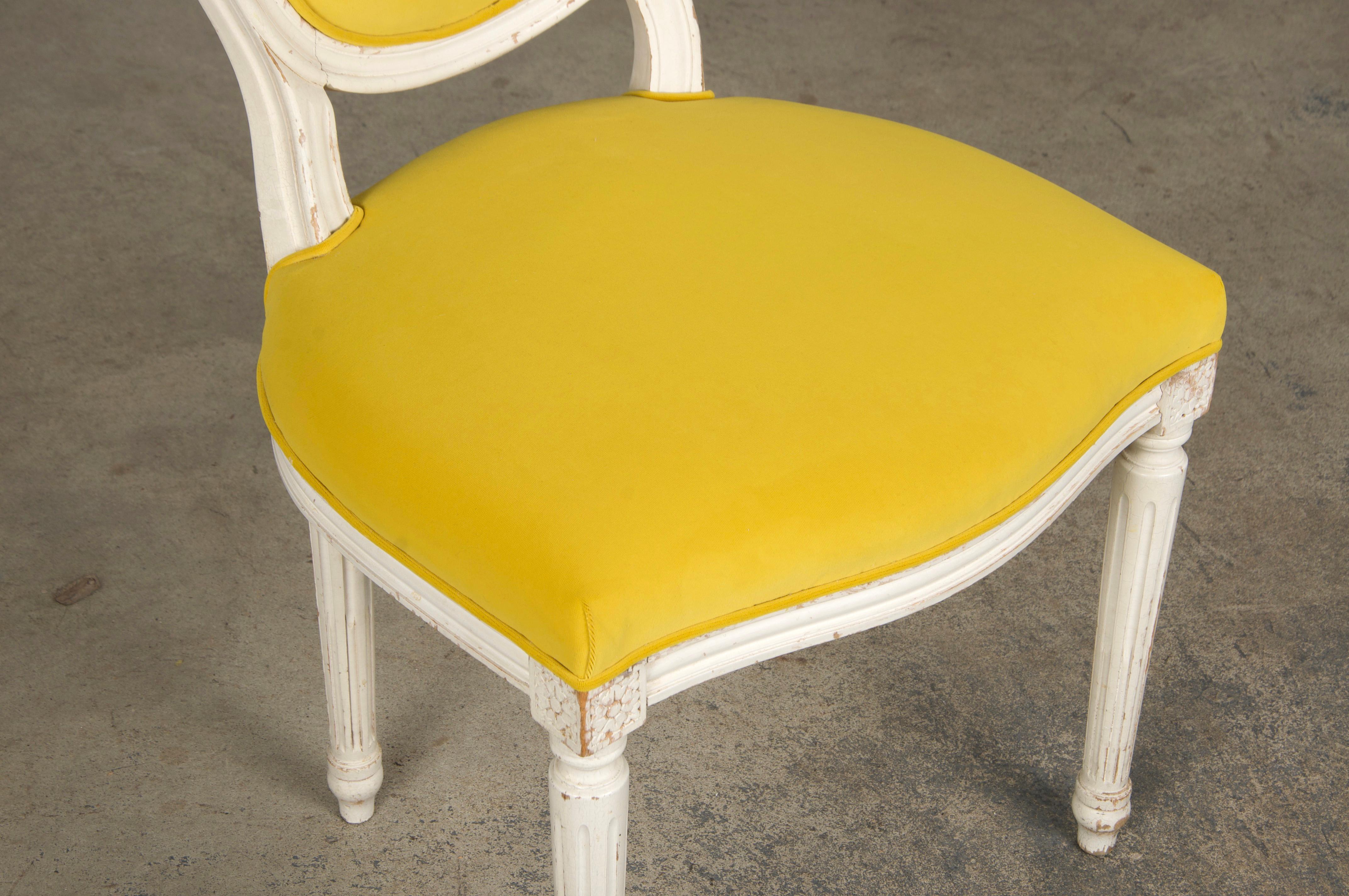 French Louis XVI Style Painted Side Chairs in Lemon Velvet - A Pair For Sale 4
