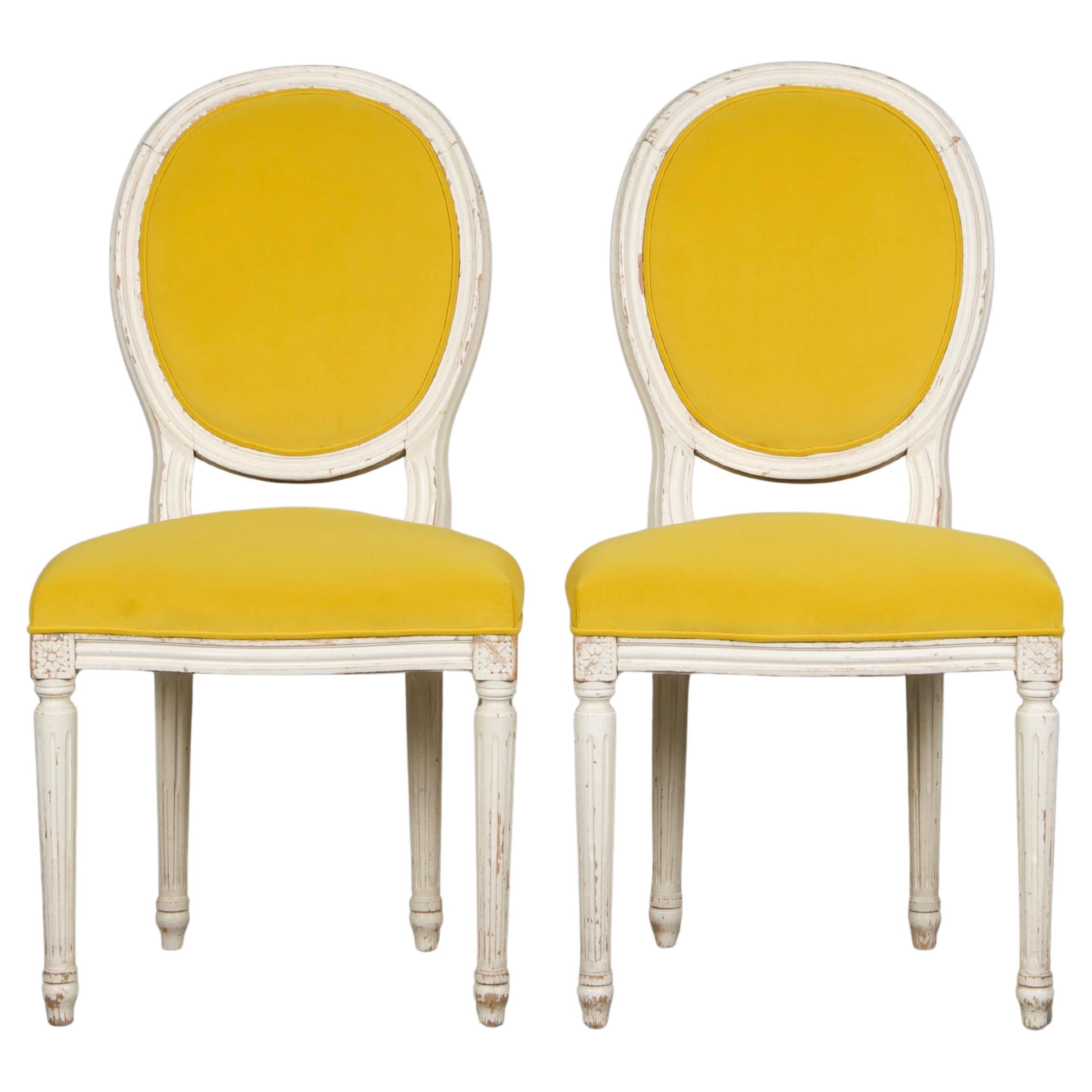 French Louis XVI Style Painted Side Chairs in Lemon Velvet - A Pair For Sale