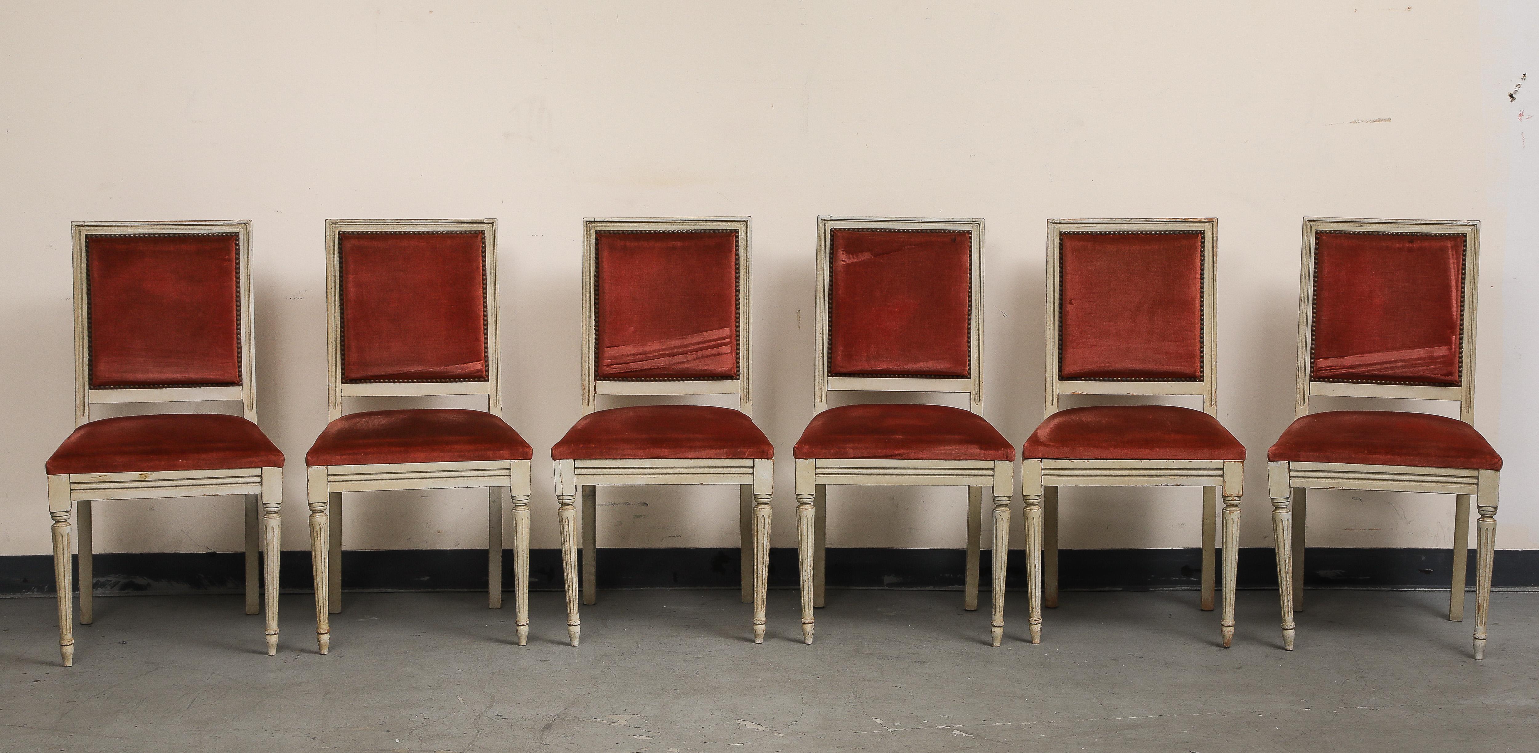 Velvet French Louis XVI Style Painted Side Chairs, Set of 6 For Sale