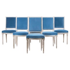 Chaises de salle à manger françaises peintes de style Louis XVI avec velours bleu - lot de 6