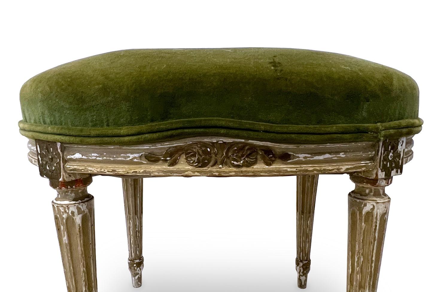 20th Century French Louis XVI Style Painted Stool with Olive Velvet Upholstery