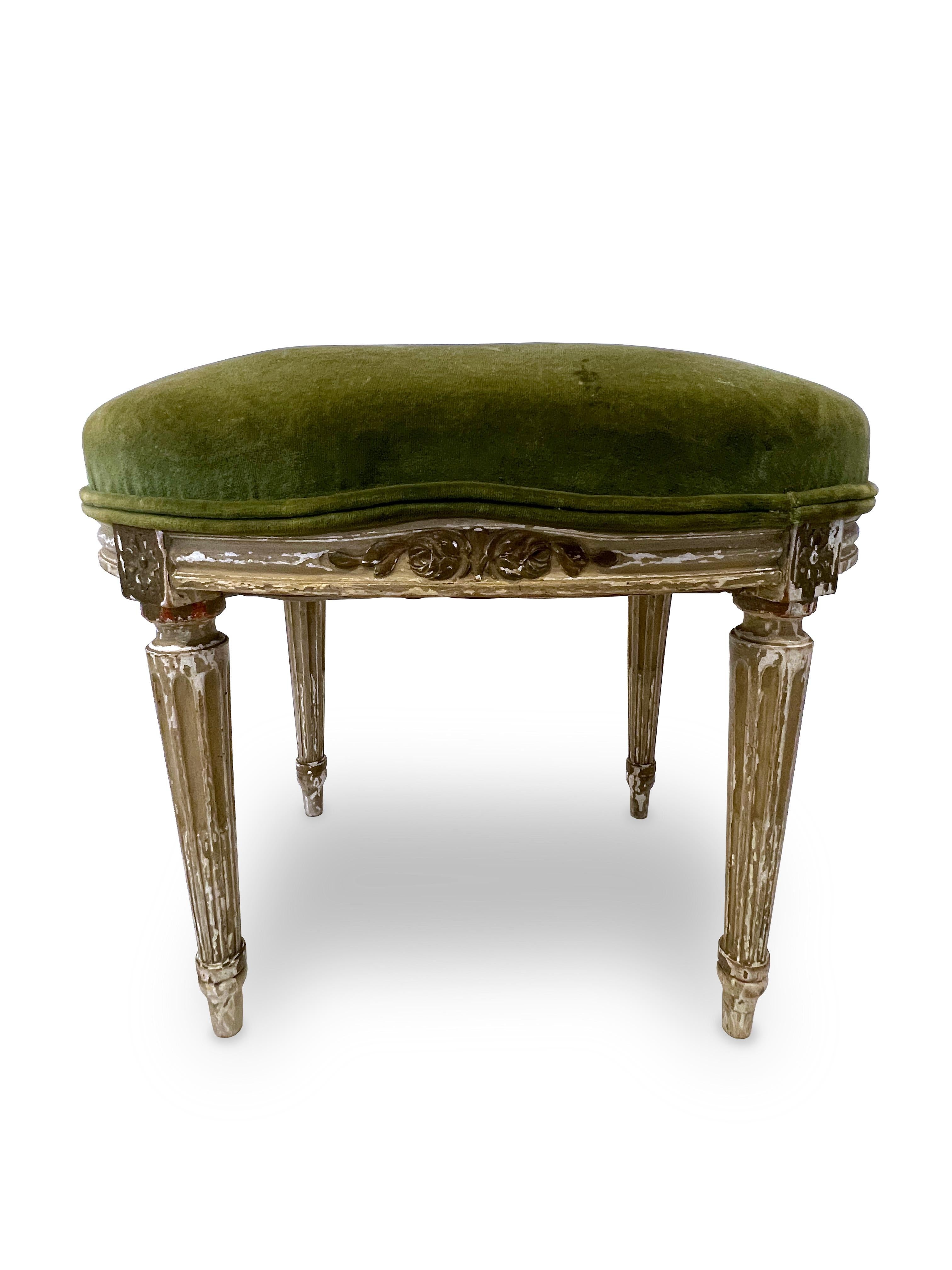 French Louis XVI Style Painted Stool with Olive Velvet Upholstery 1