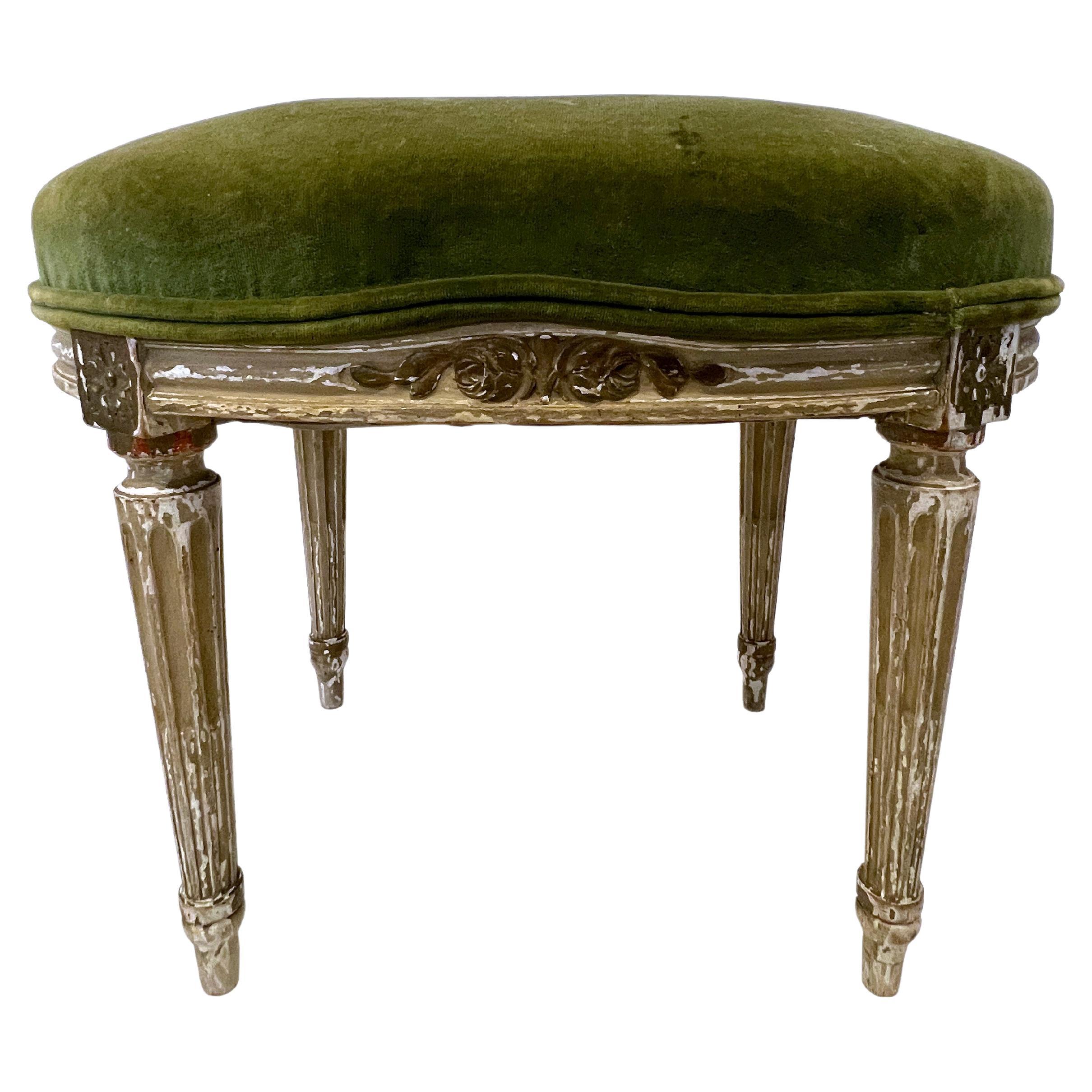 French Louis XVI Style Painted Stool with Olive Velvet Upholstery