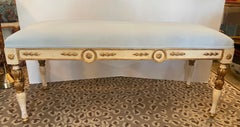French Louis XVI Style Painted & Upholstered Large Bench, 1950