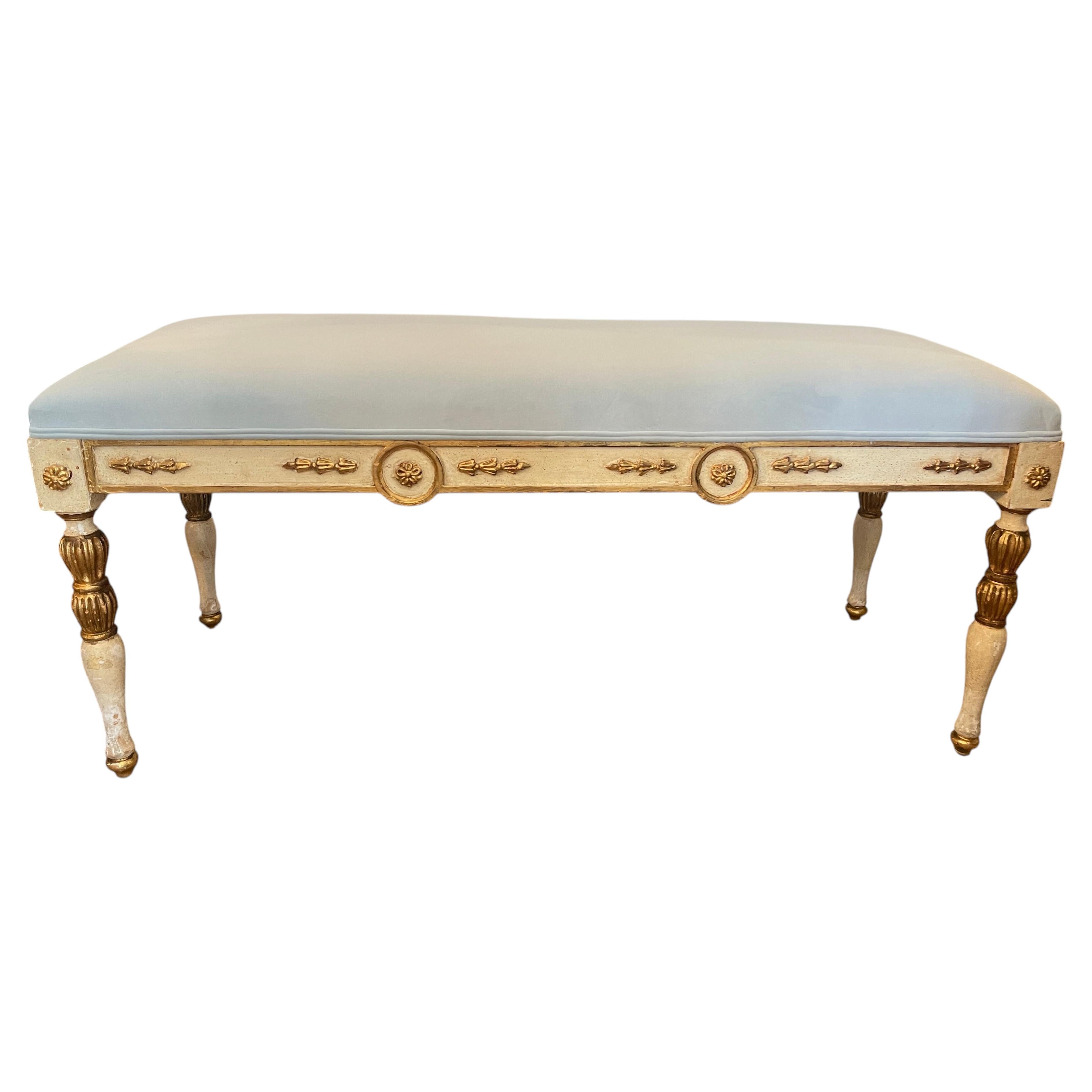 French Louis XVI Style Painted & Upholstered Large Bench, 1950