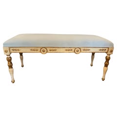 French Louis XVI Style Painted & Upholstered Large Bench, 1950