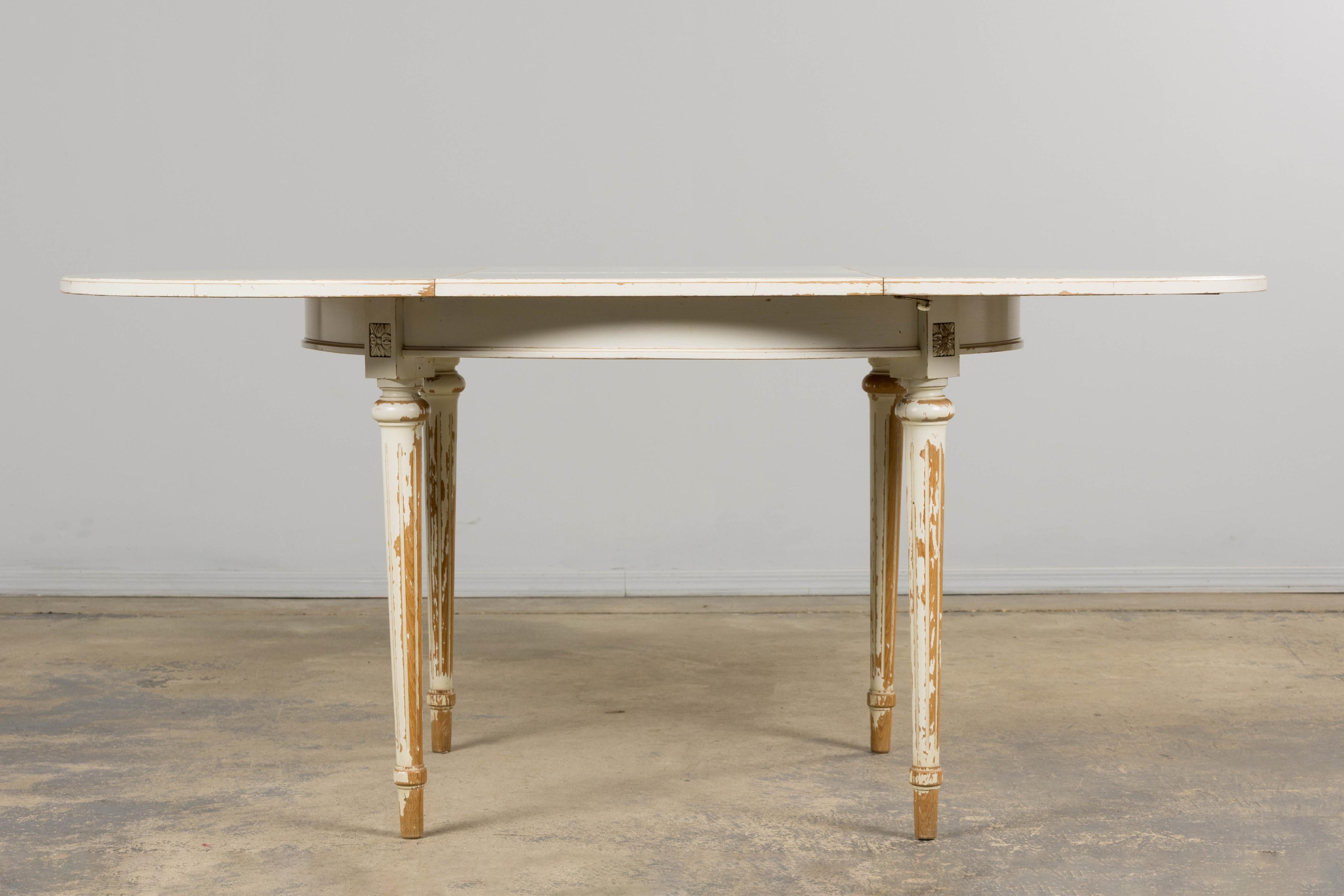 French Louis XVI Style Painted White Off-Round Extendable Dining Table For Sale 5