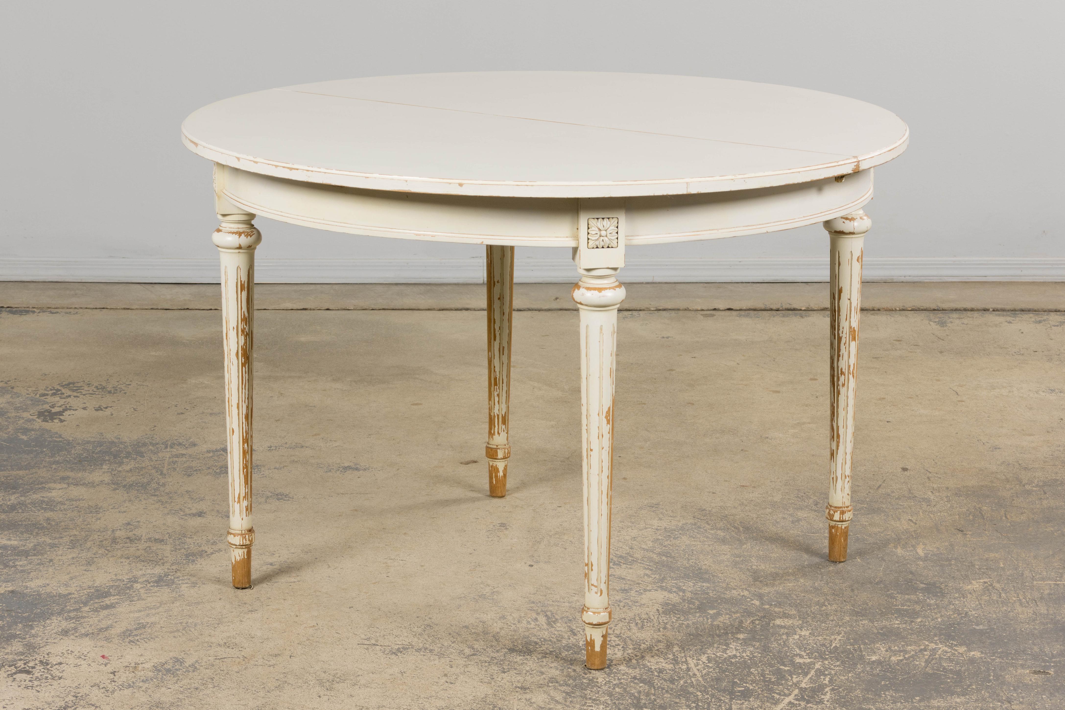 French Louis XVI Style Painted White Off-Round Extendable Dining Table For Sale 9
