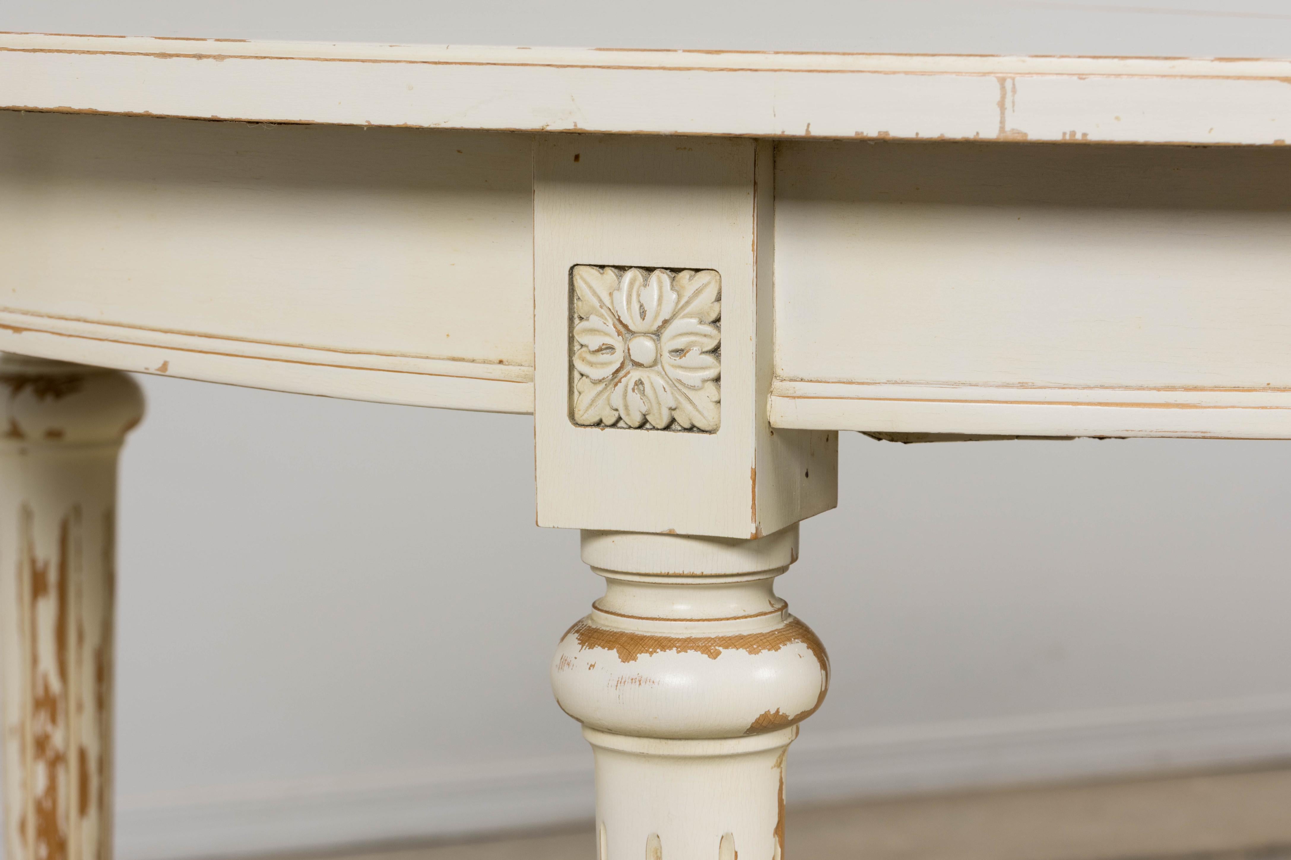 French Louis XVI Style Painted White Off-Round Extendable Dining Table For Sale 12