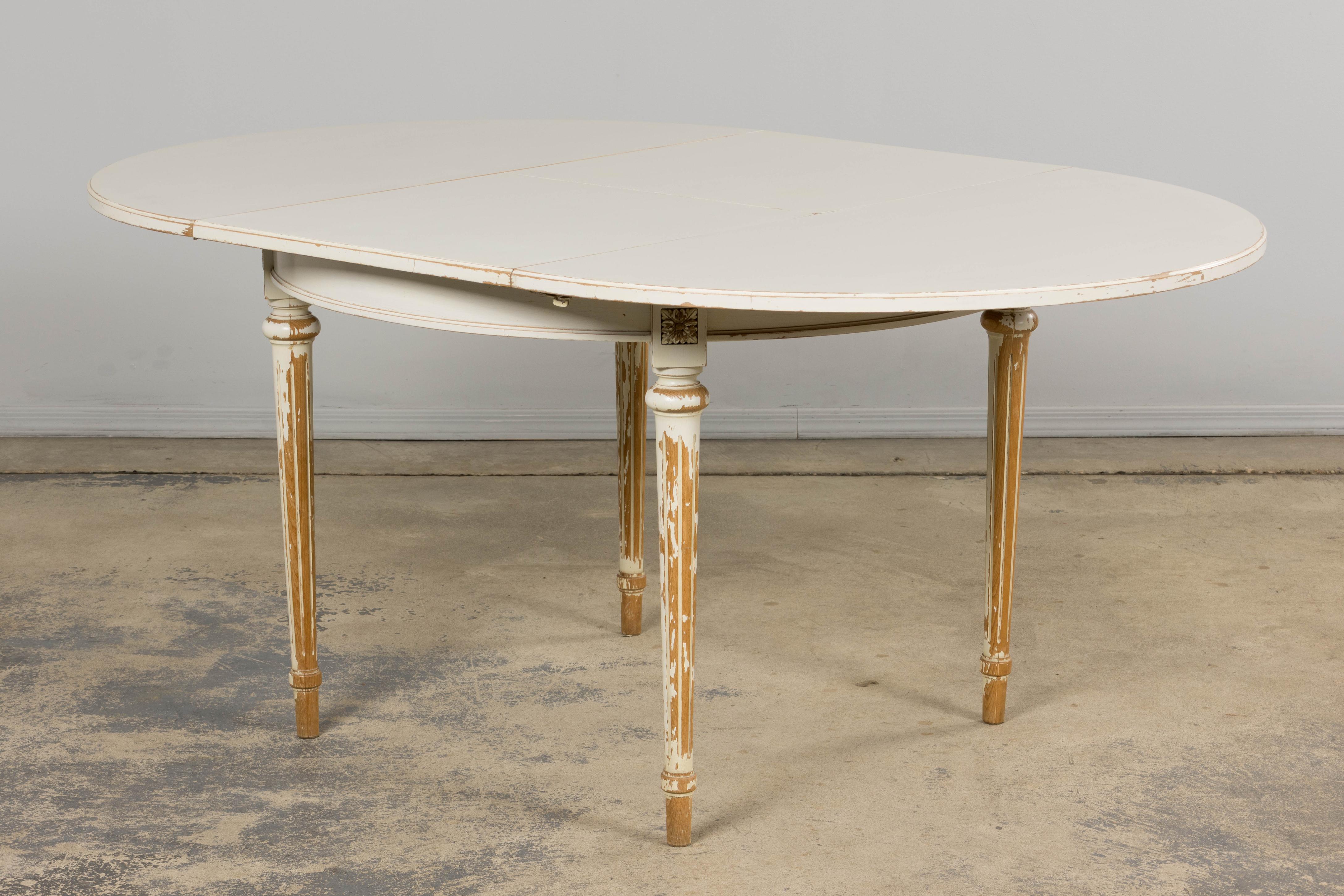 French Louis XVI Style Painted White Off-Round Extendable Dining Table For Sale 14