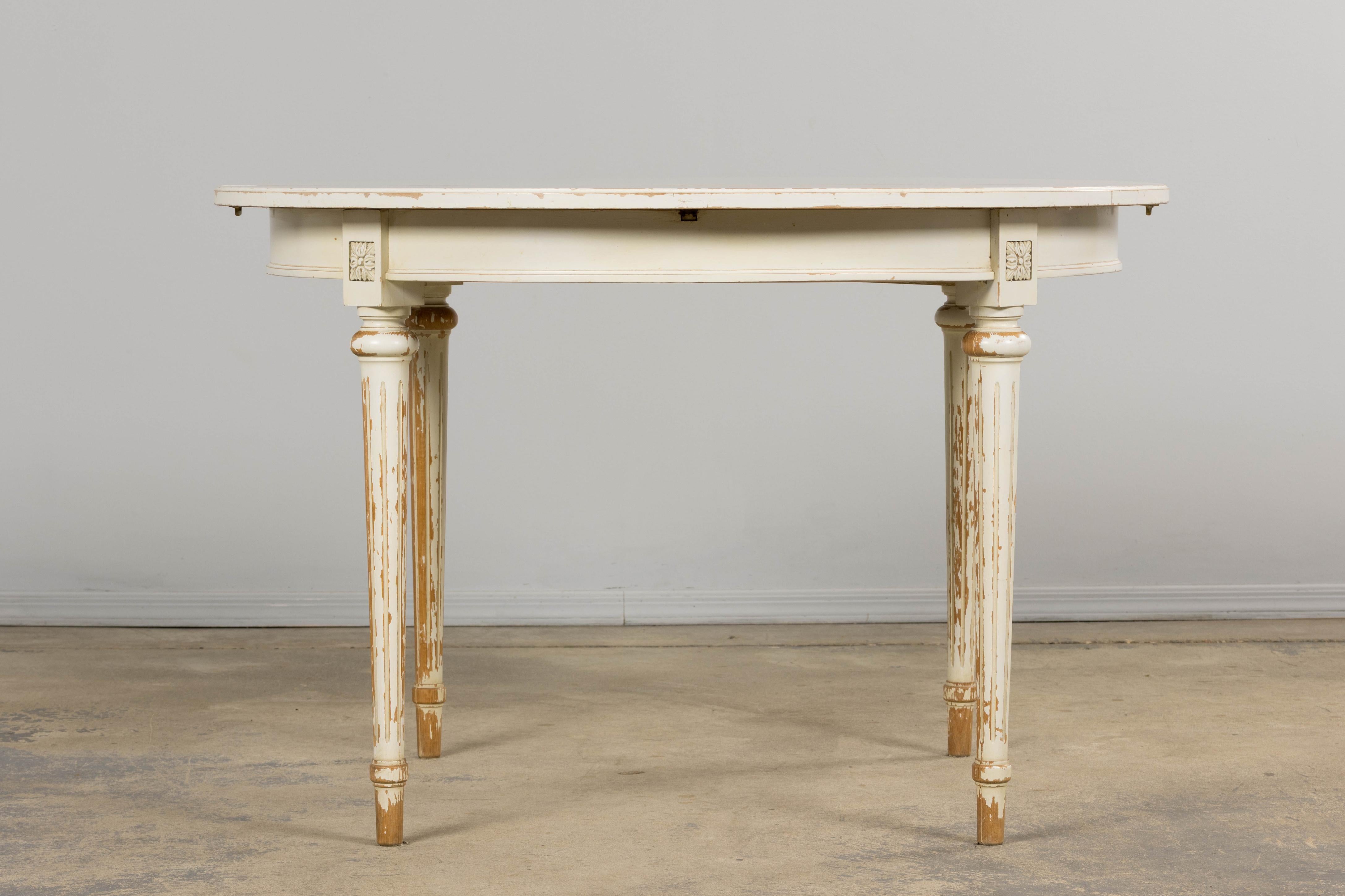Hand-Crafted French Louis XVI Style Painted White Off-Round Extendable Dining Table For Sale