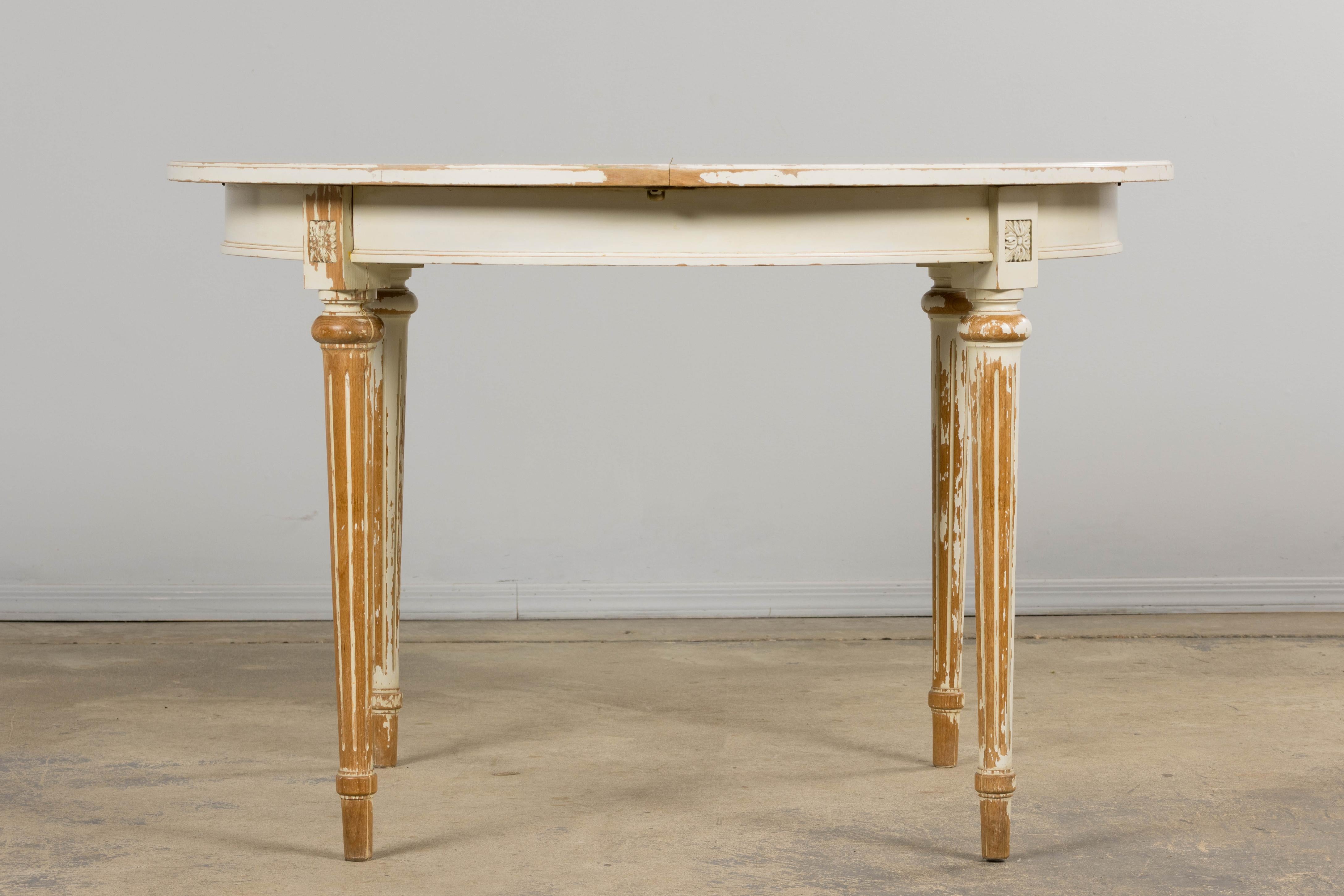 French Louis XVI Style Painted White Off-Round Extendable Dining Table For Sale 3