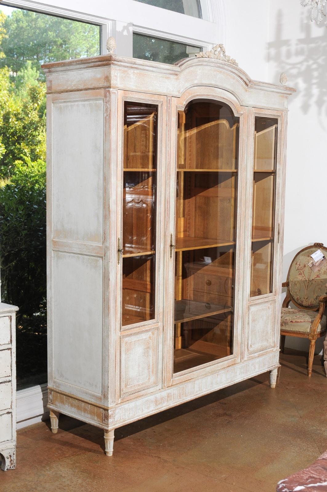 French Louis XVI Style Painted Wood Cabinet with Glass Doors and Bonnet Cornice 1