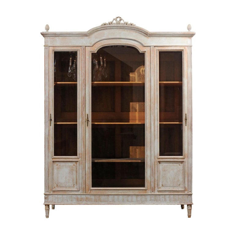 French Louis Xvi Style Painted Wood Cabinet With Glass Doors And
