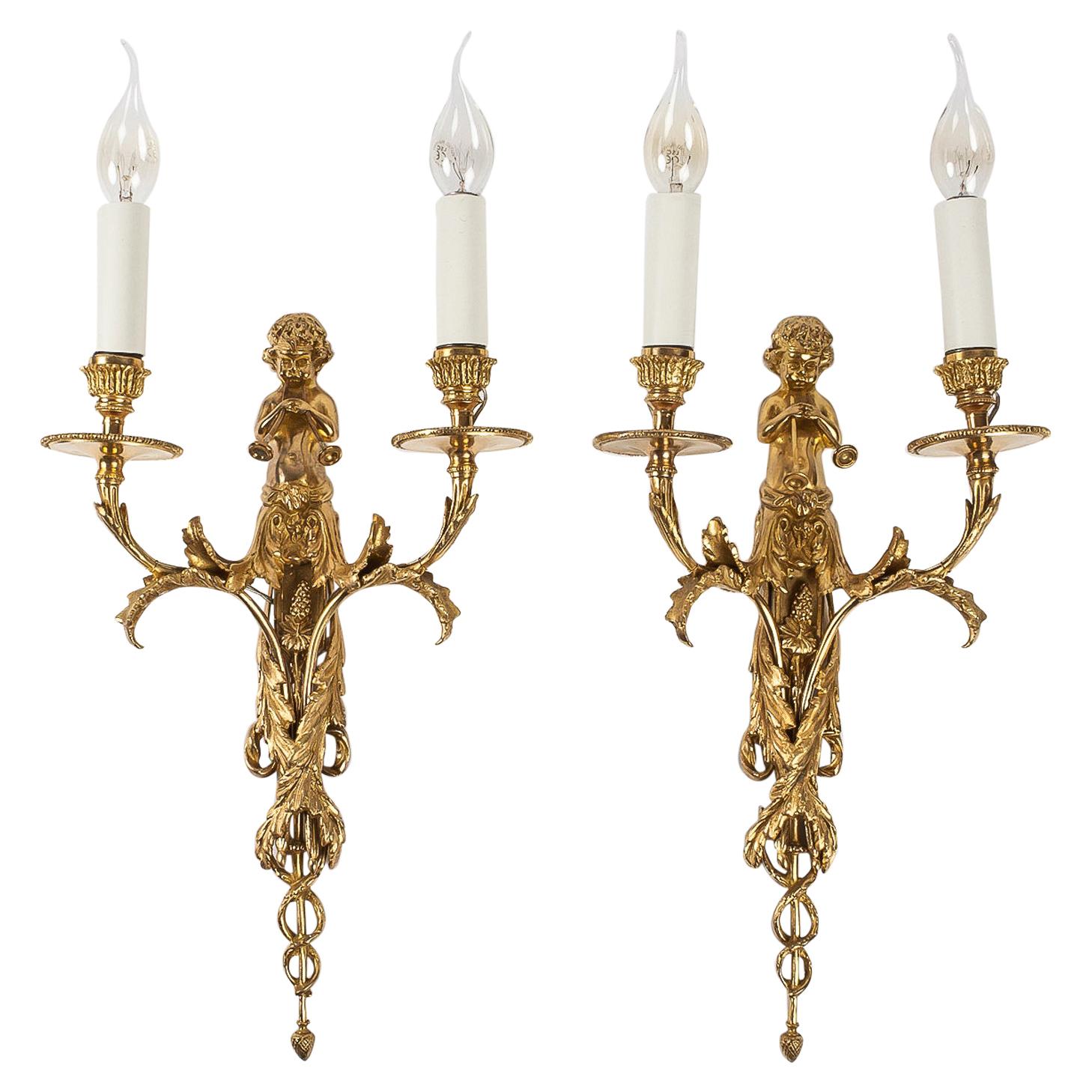 French Louis XVI Style, Pair of Chiseled Ormolu Sconces, circa 1880