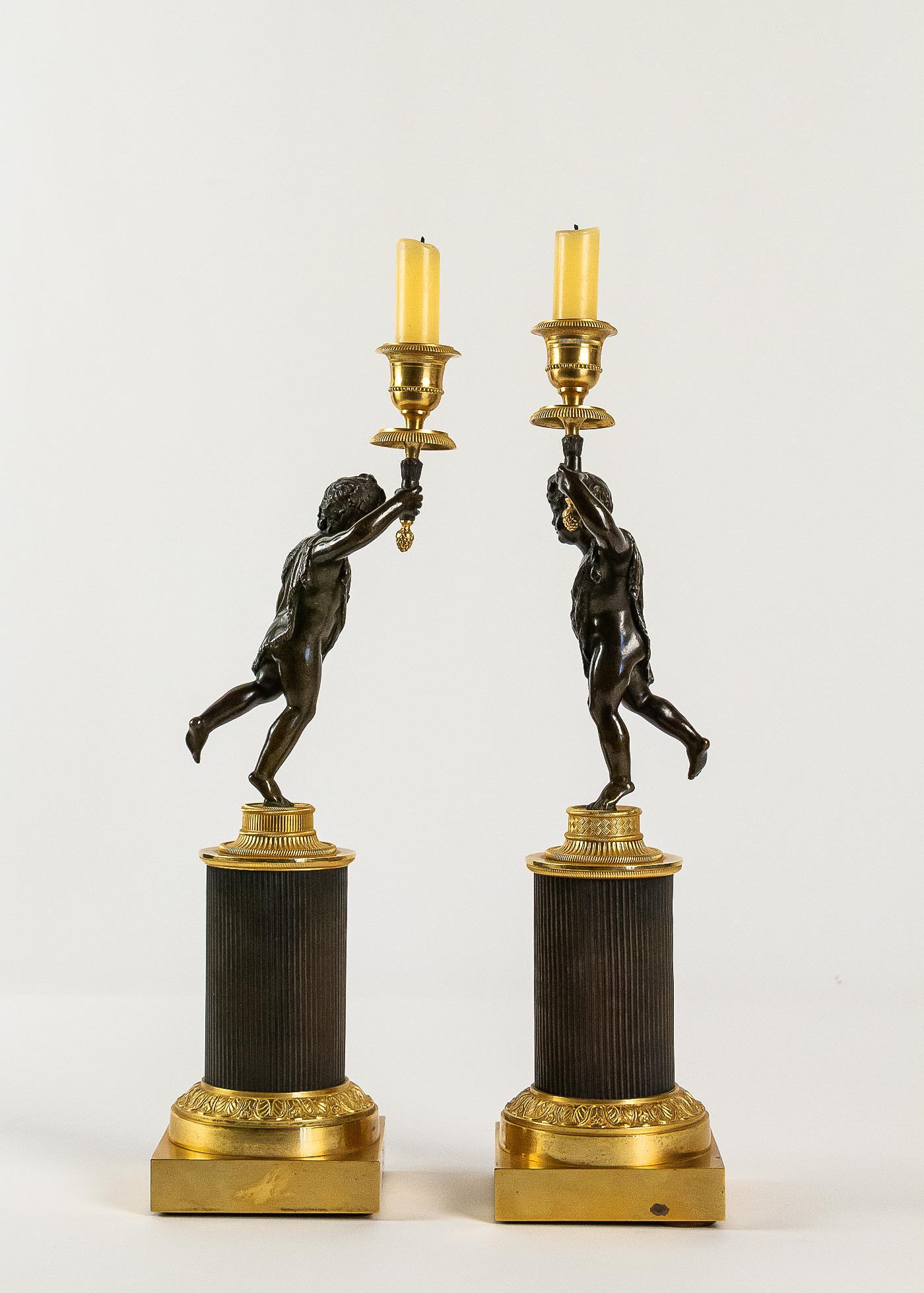 French Louis XVI Style, Pair of Patinated and Gilded Candlesticks, circa 1880 For Sale 4