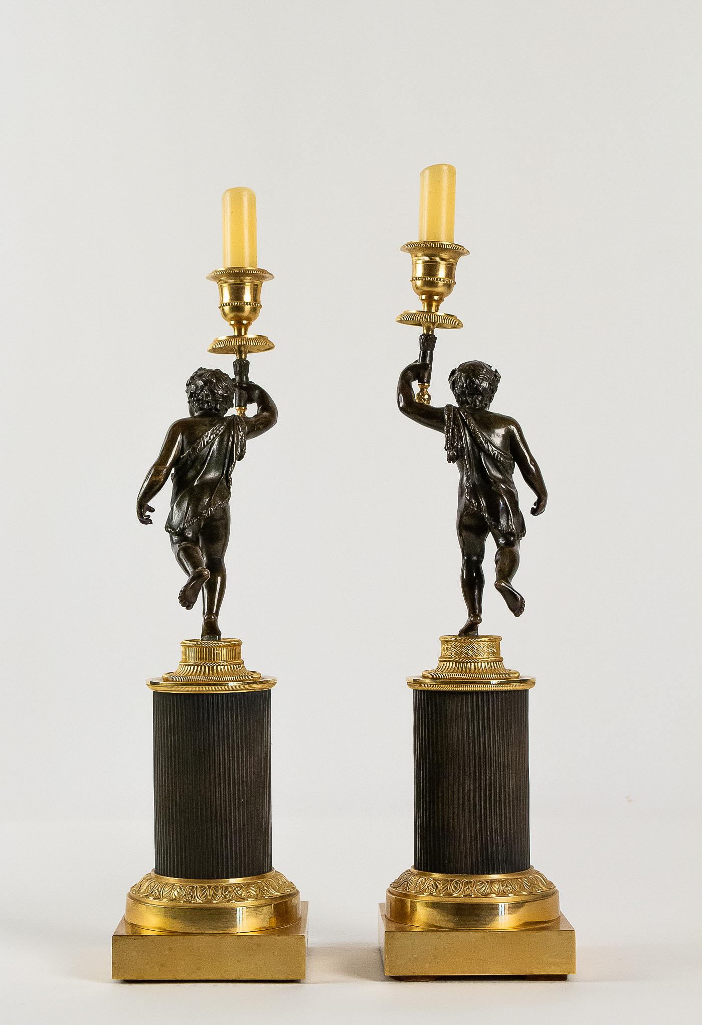 French Louis XVI Style, Pair of Patinated and Gilded Candlesticks, circa 1880 For Sale 5