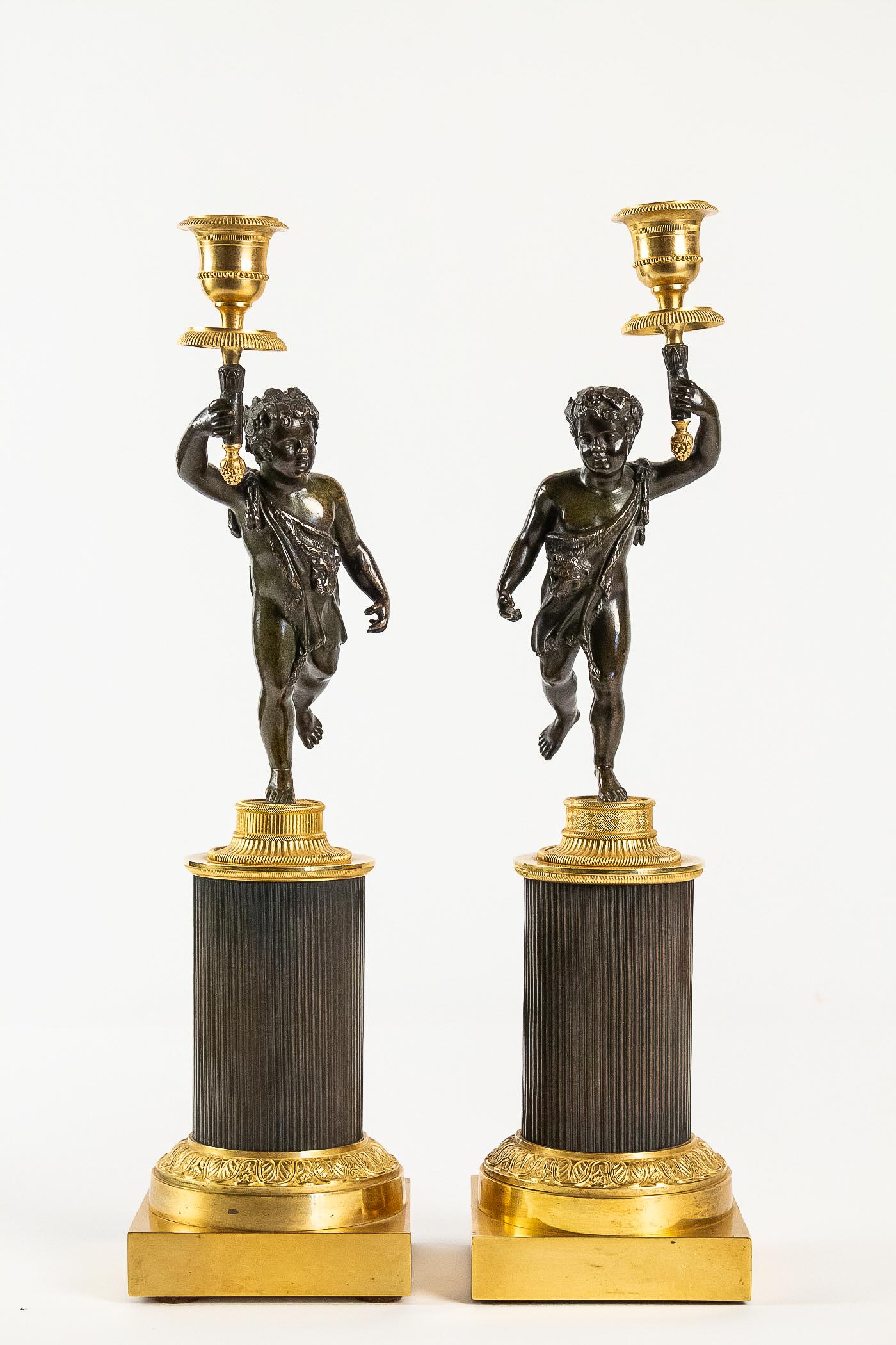 French Louis XVI Style, Pair of Patinated and Gilded Candlesticks, circa 1880 For Sale 6