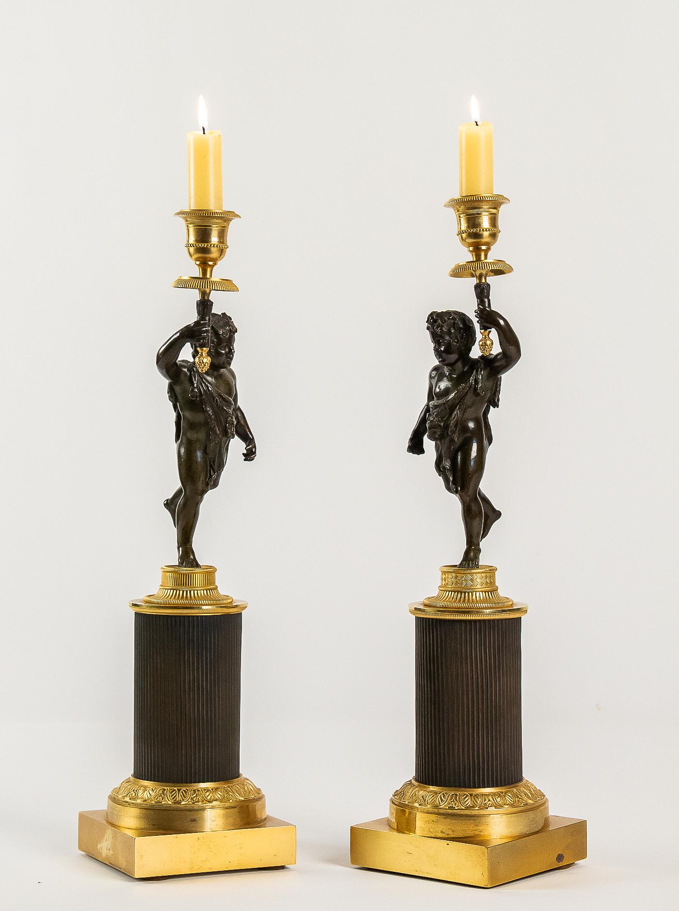 French Louis XVI Style, Pair of Patinated and Gilded Candlesticks, circa 1880 For Sale 1