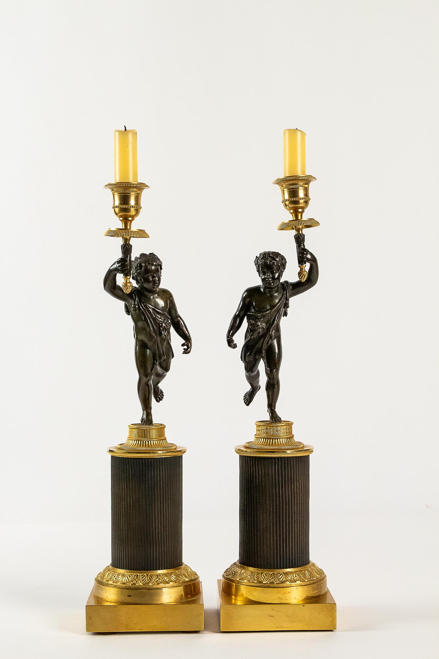 French Louis XVI Style, Pair of Patinated and Gilded Candlesticks, circa 1880 For Sale 2