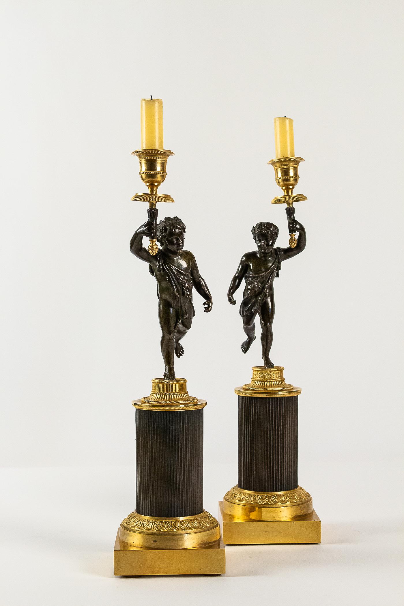 French Louis XVI Style, Pair of Patinated and Gilded Candlesticks, circa 1880 For Sale 3