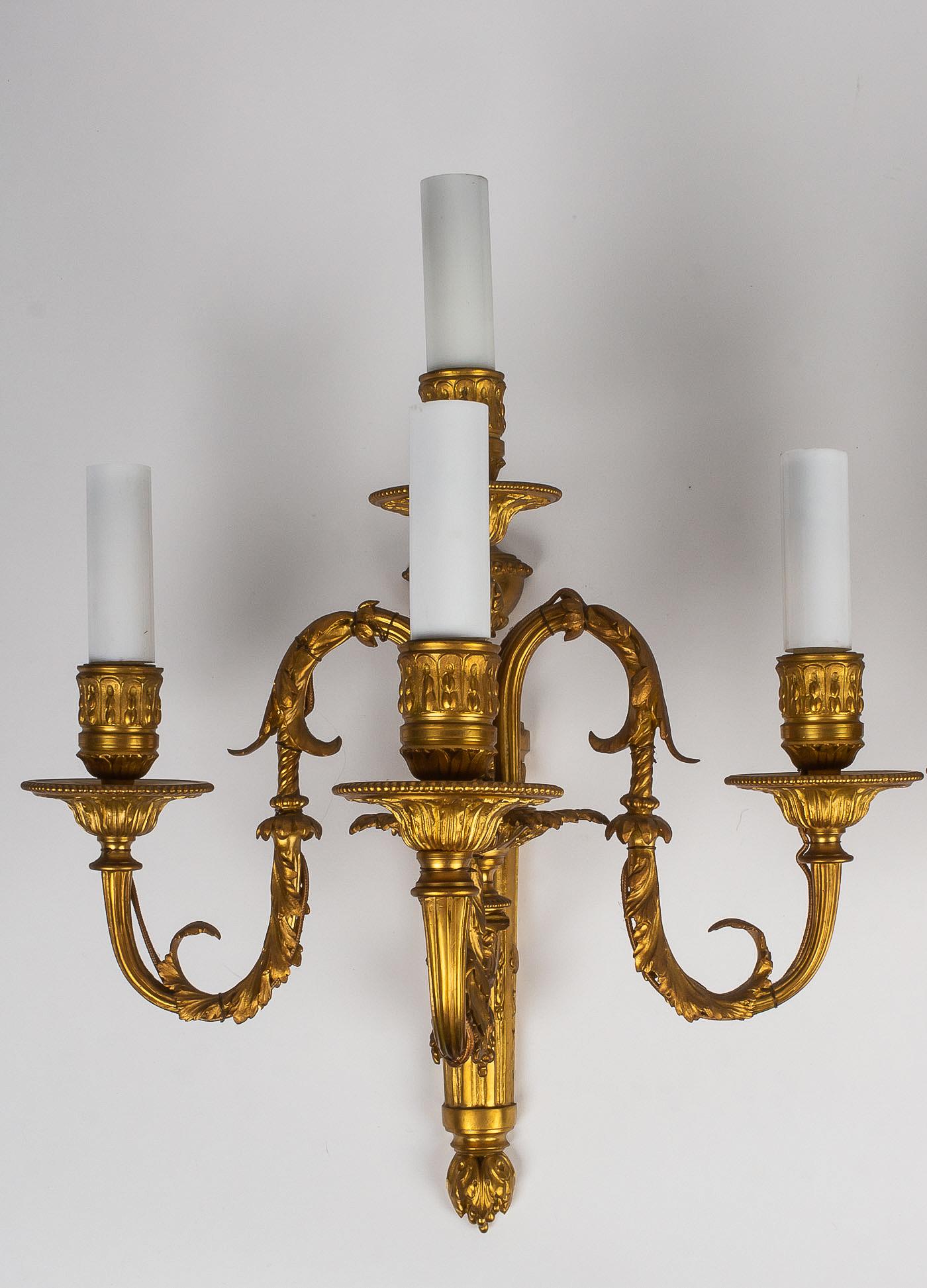 19th Century French Louis XVI Style, Pair of Small Chiseled Ormolu Sconces, circa 1880