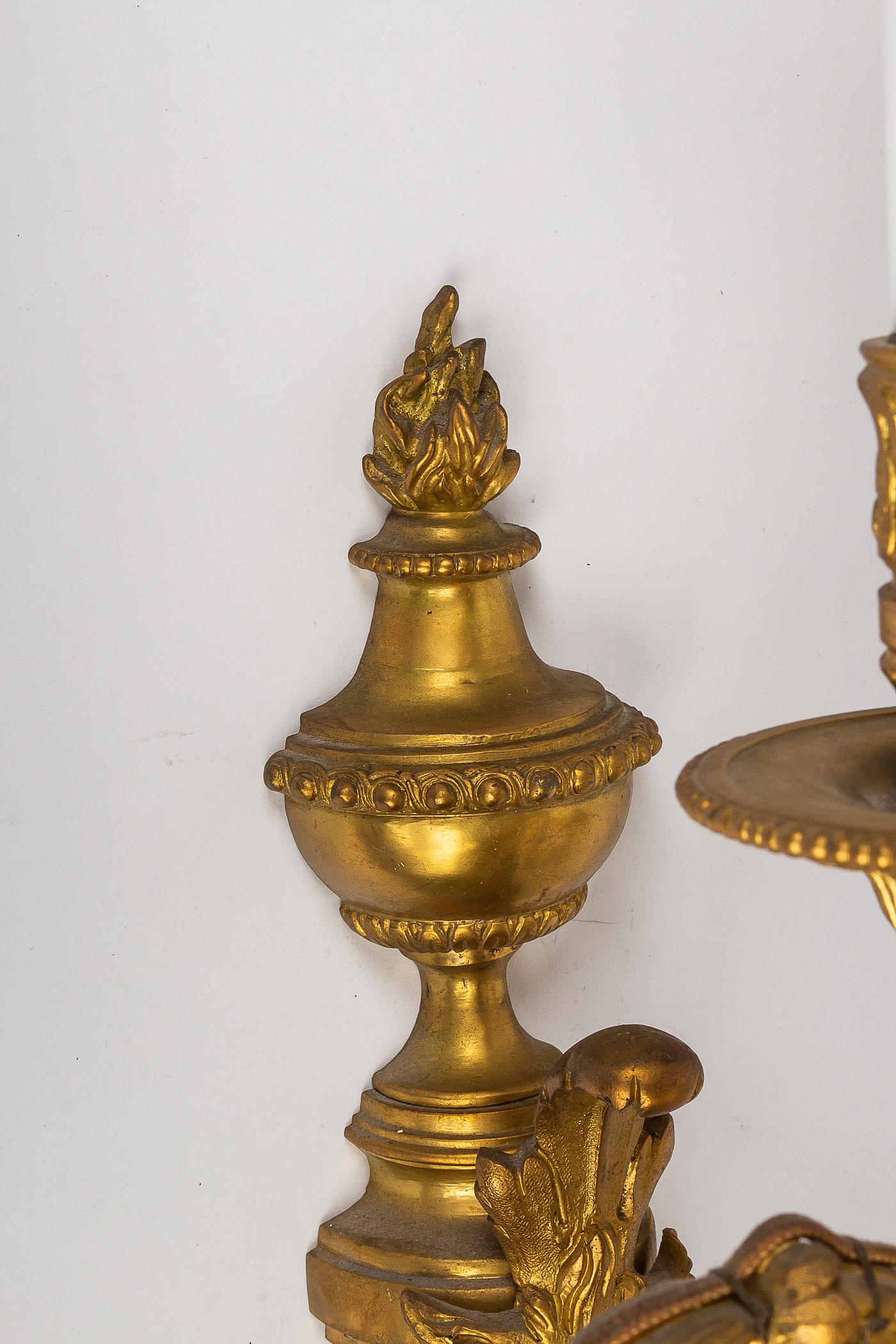 Bronze French Louis XVI Style, Pair of Small Chiseled Ormolu Sconces, circa 1880