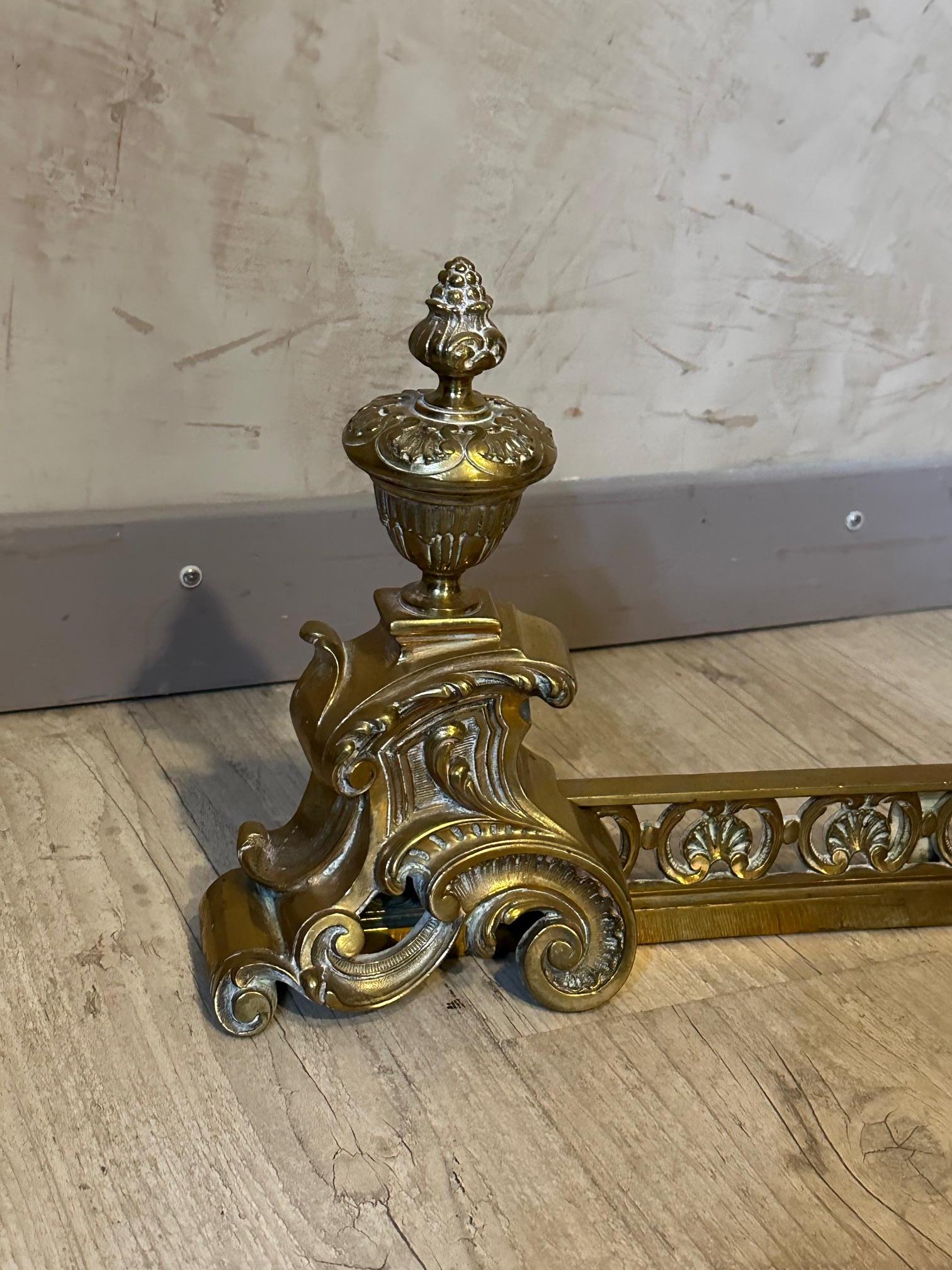 Bronze French Louis XVI Style Paire of Fireplace Andirons with Fender 