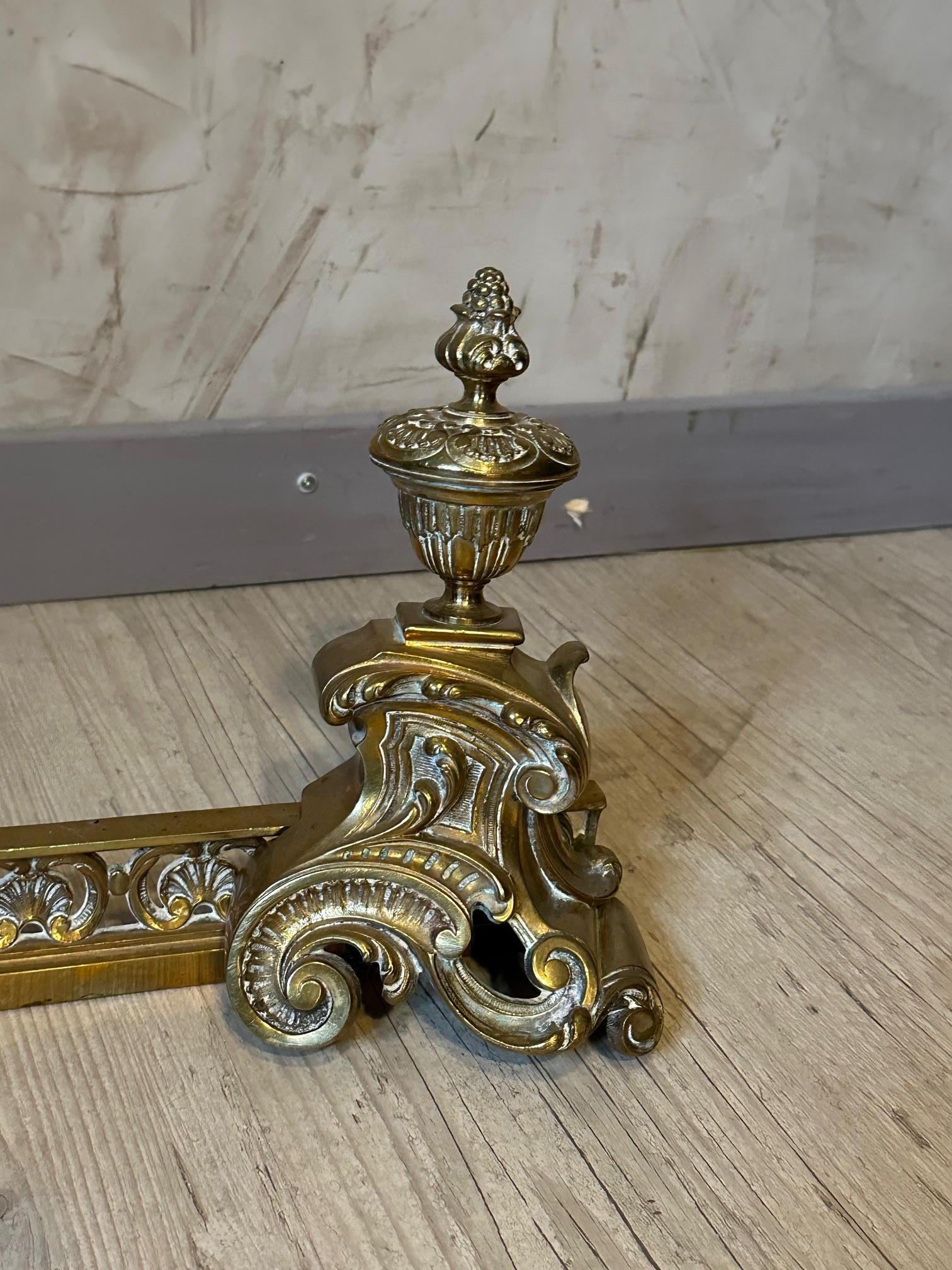 French Louis XVI Style Paire of Fireplace Andirons with Fender  1