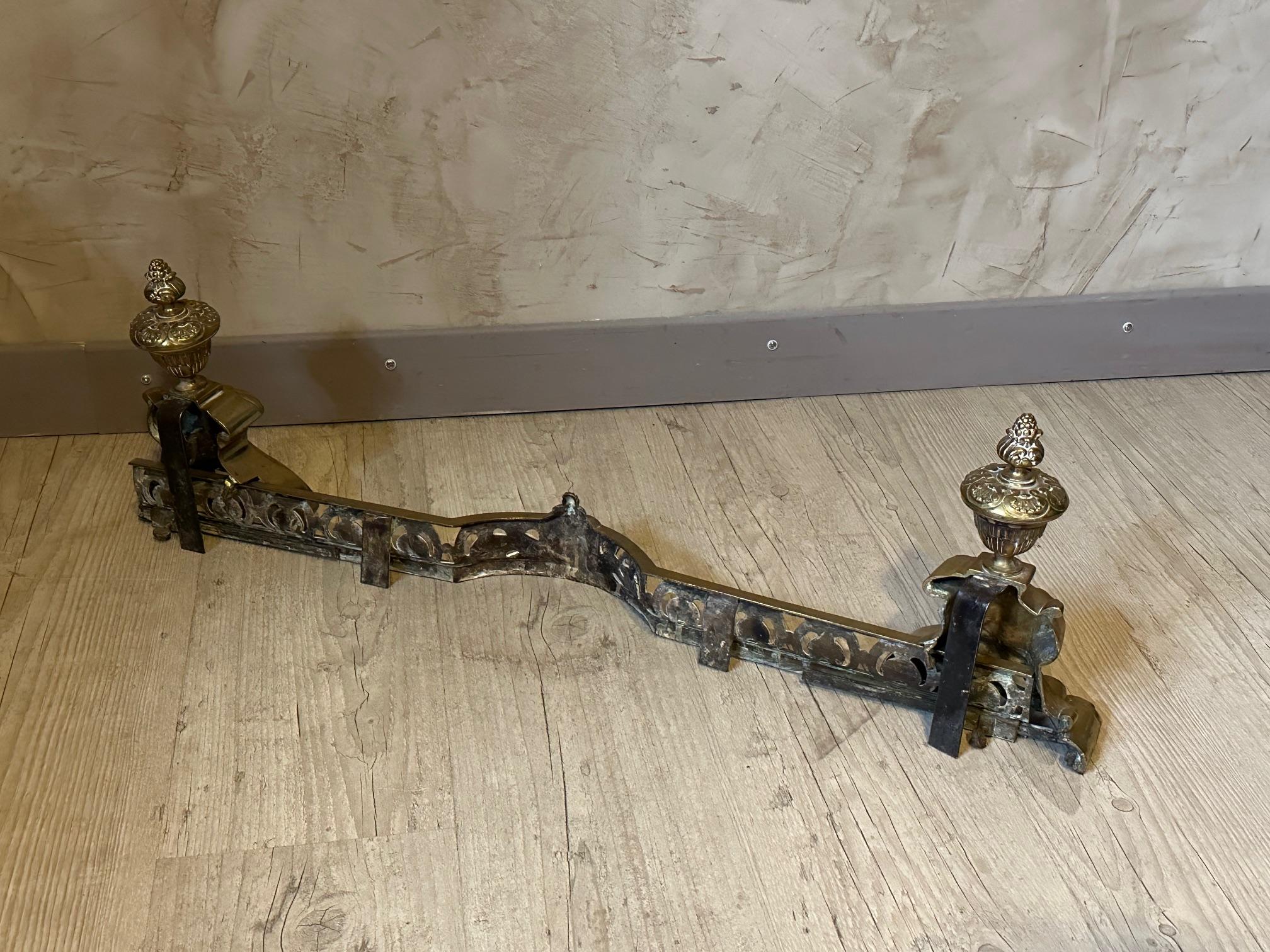 French Louis XVI Style Paire of Fireplace Andirons with Fender  3