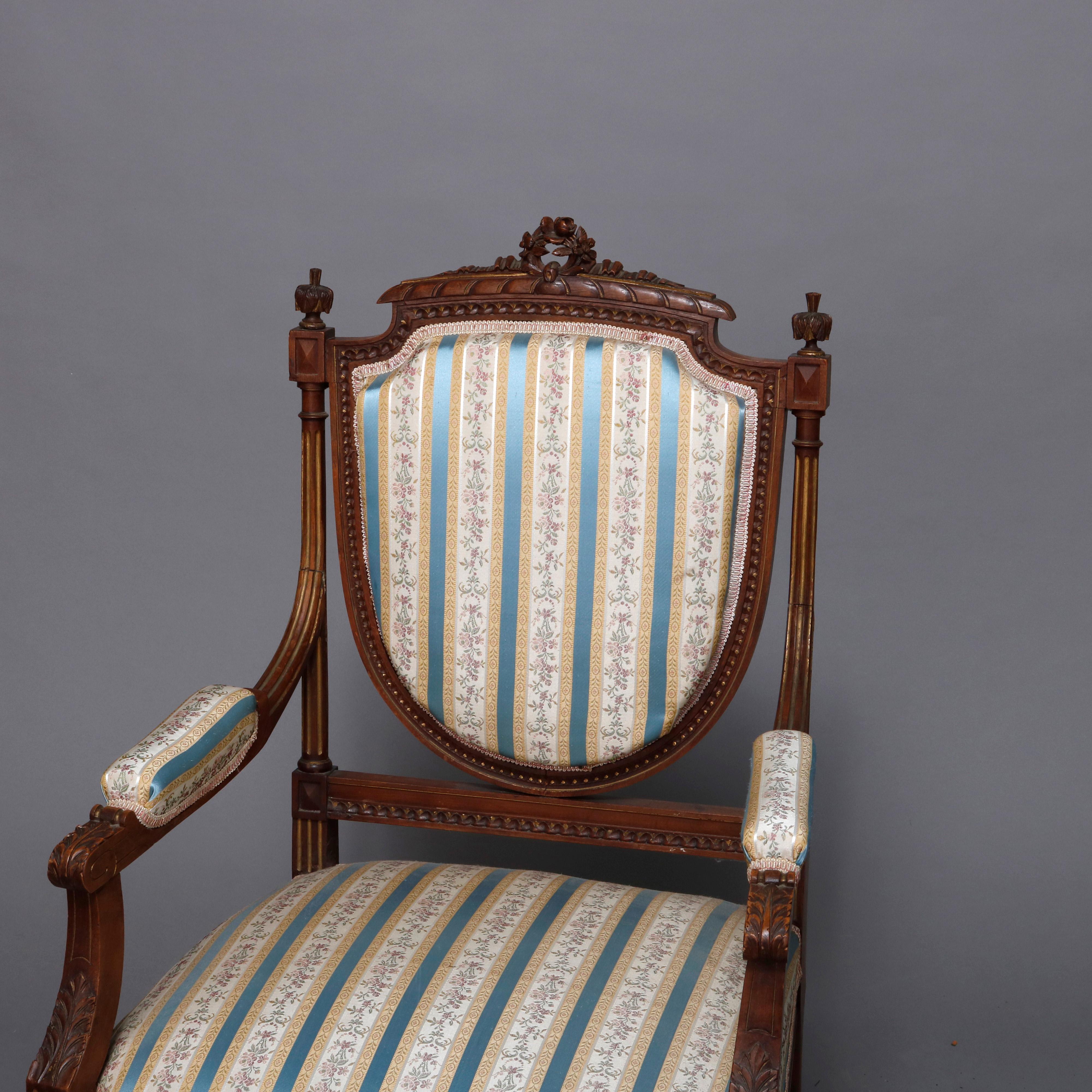 French Louis XVI Style Parcel-Gilt Carved Walnut Parlor Set, 19th Century In Good Condition In Big Flats, NY