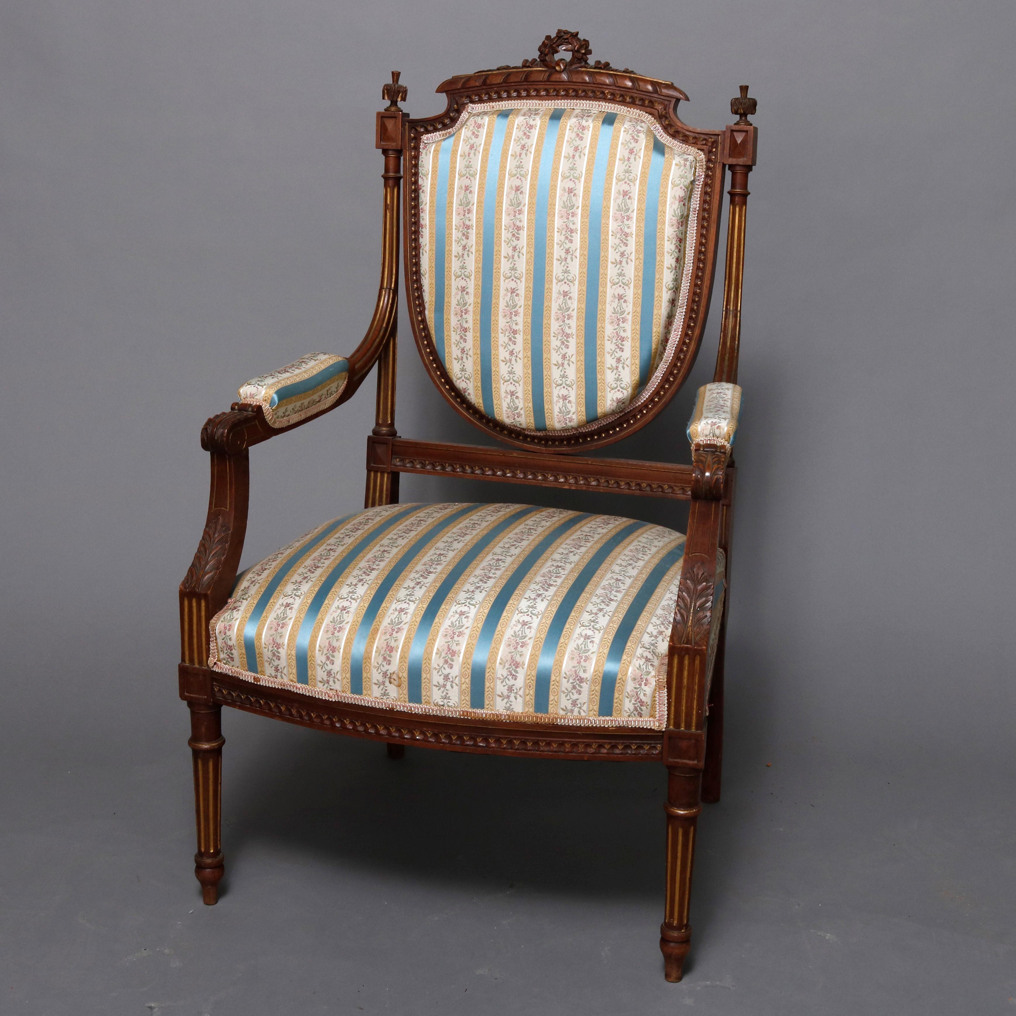 French Louis XVI Style Parcel-Gilt Carved Walnut Parlor Set, 19th Century 6