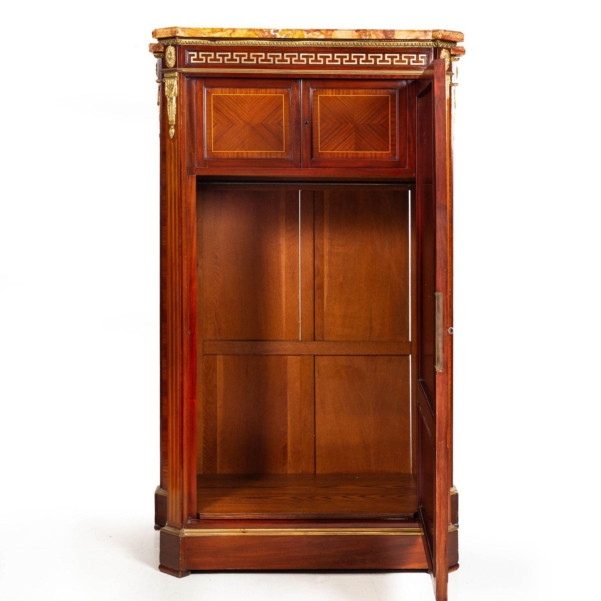 19th Century French Louis XVI Style Parquetry & Bronze Antique Armoire Wardrobe ca. 1880 For Sale