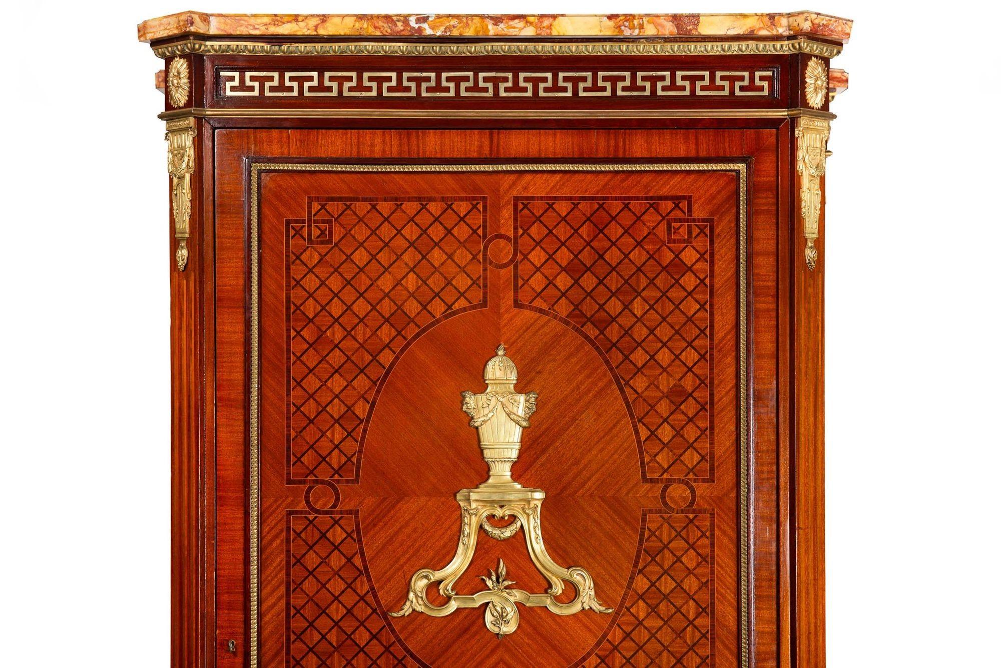 French Louis XVI Style Parquetry & Bronze Antique Armoire Wardrobe ca. 1880 For Sale 1