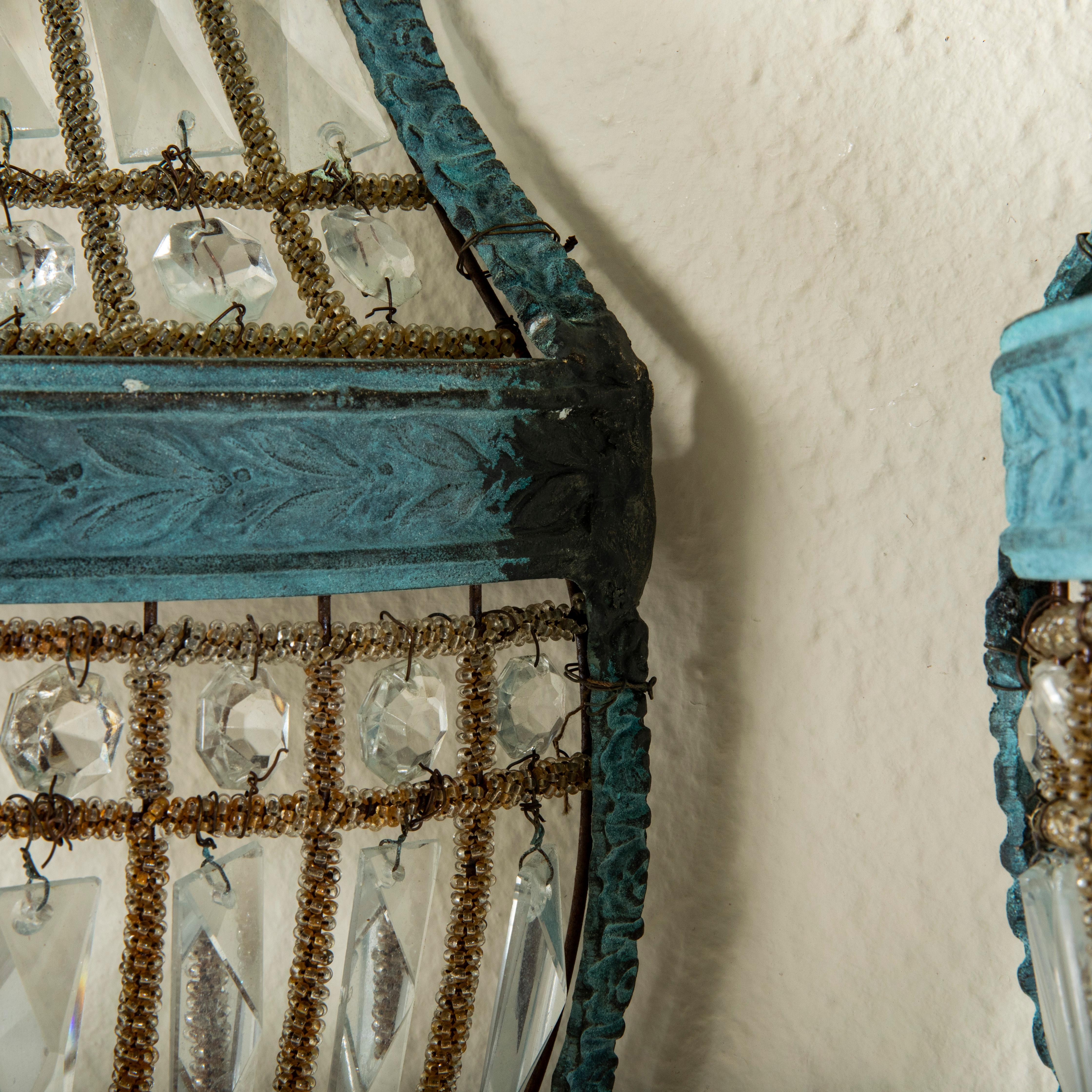 French Louis XVI Style Patinated and Beaded Glass Wall Sconces  For Sale 4