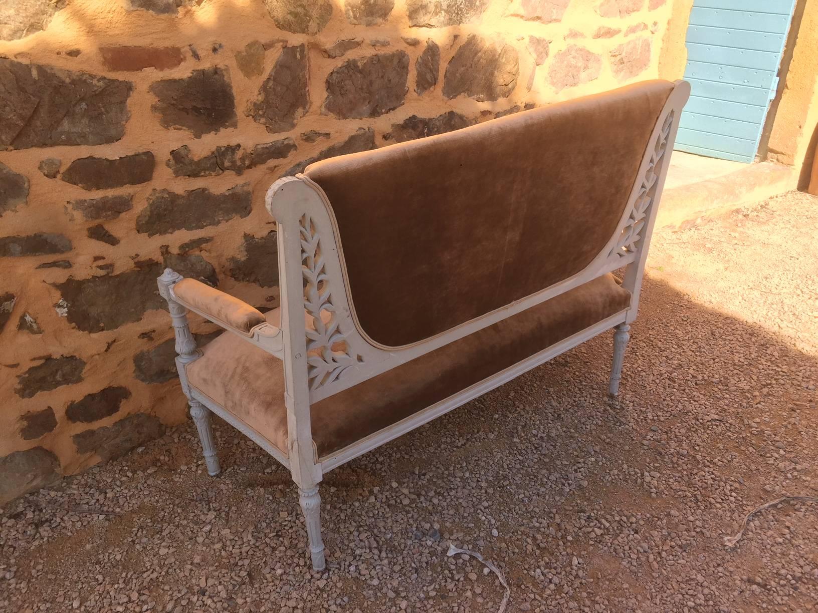 Fabric French Louis XVI Style Patinated Bench, 1900s
