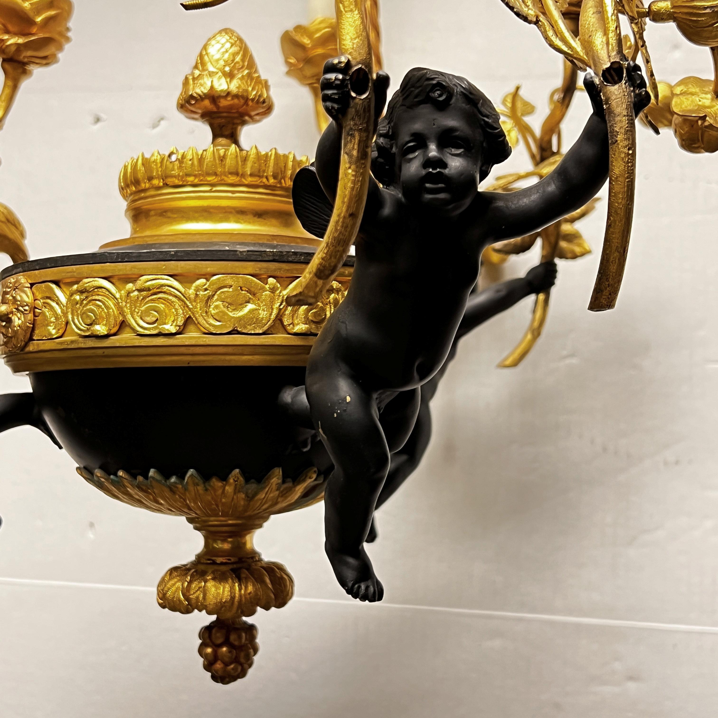 French Louis XVI Style Patinated Bronze Six-Light Putti Motif Chandelier For Sale 6