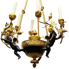 French Louis XVI Style Patinated Bronze Six-Light Putti Motif Chandelier