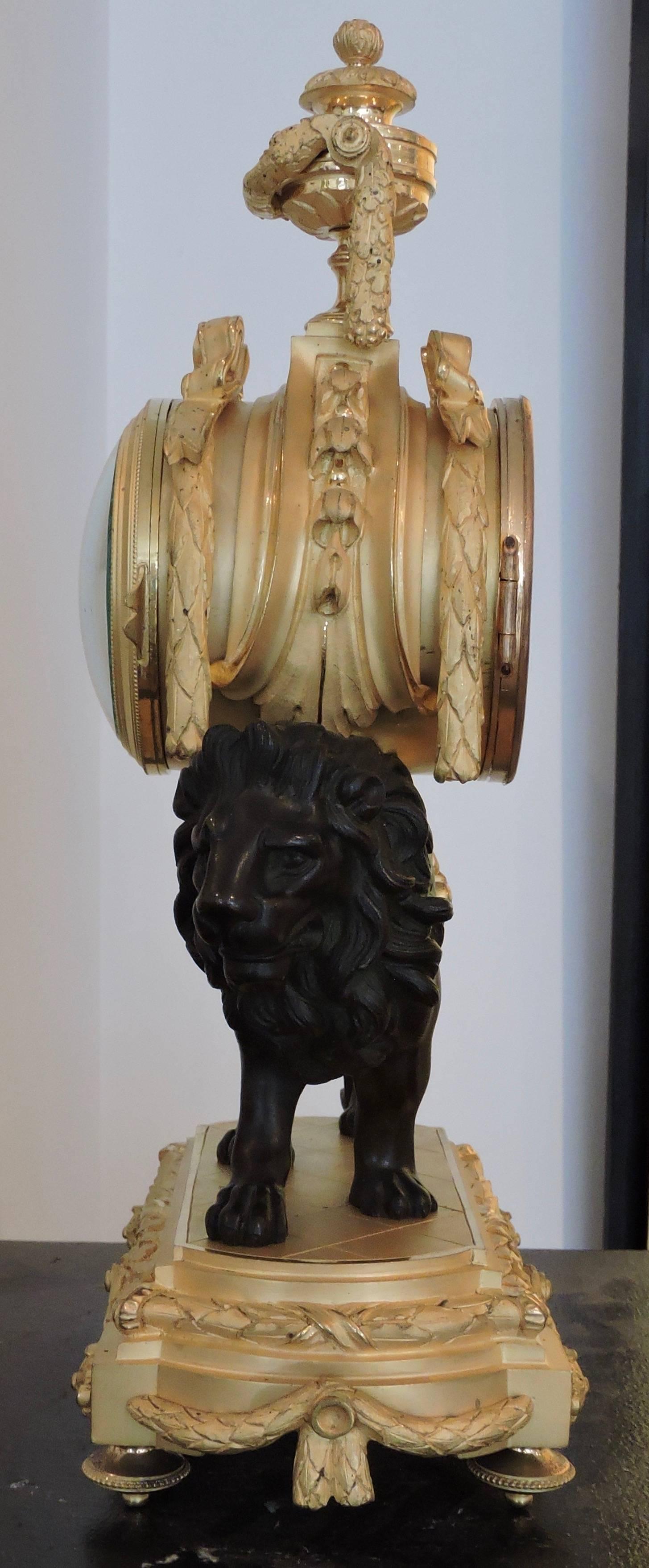 Enameled French Louis XVI Style Pendule Au Lion