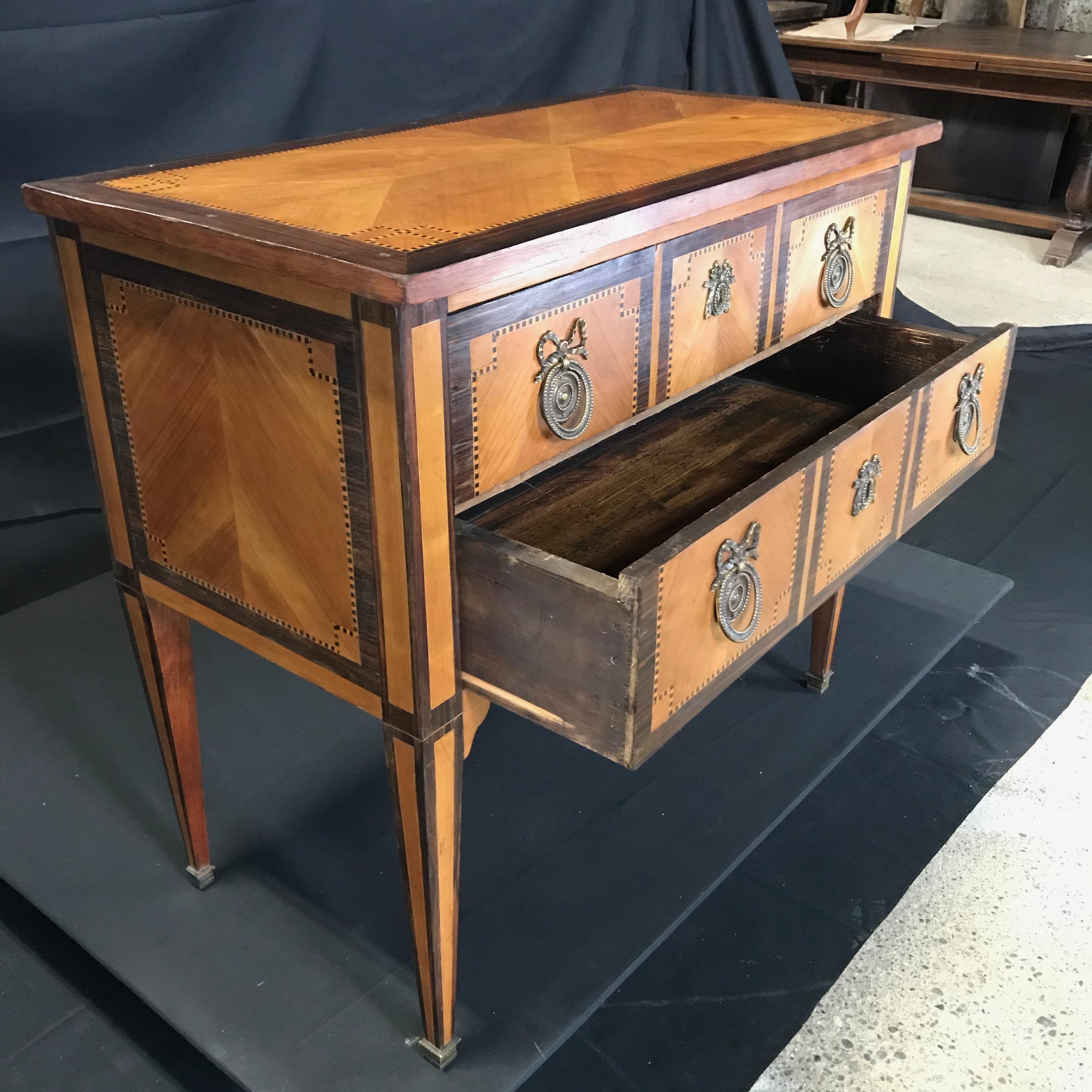  French Louis XVI Style Petite Marquetry Inlaid Two Drawer Commode  1