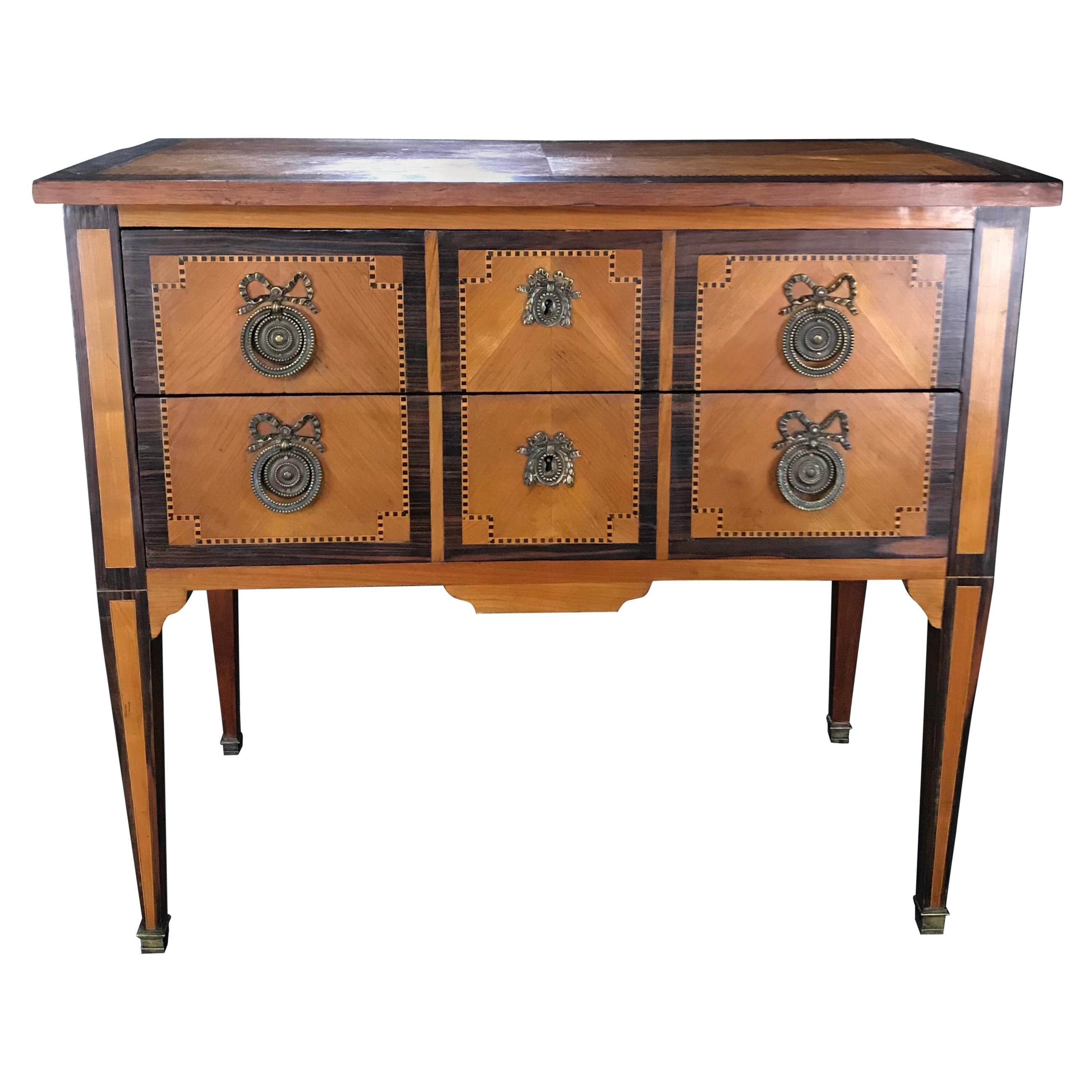  French Louis XVI Style Petite Marquetry Inlaid Two Drawer Commode 