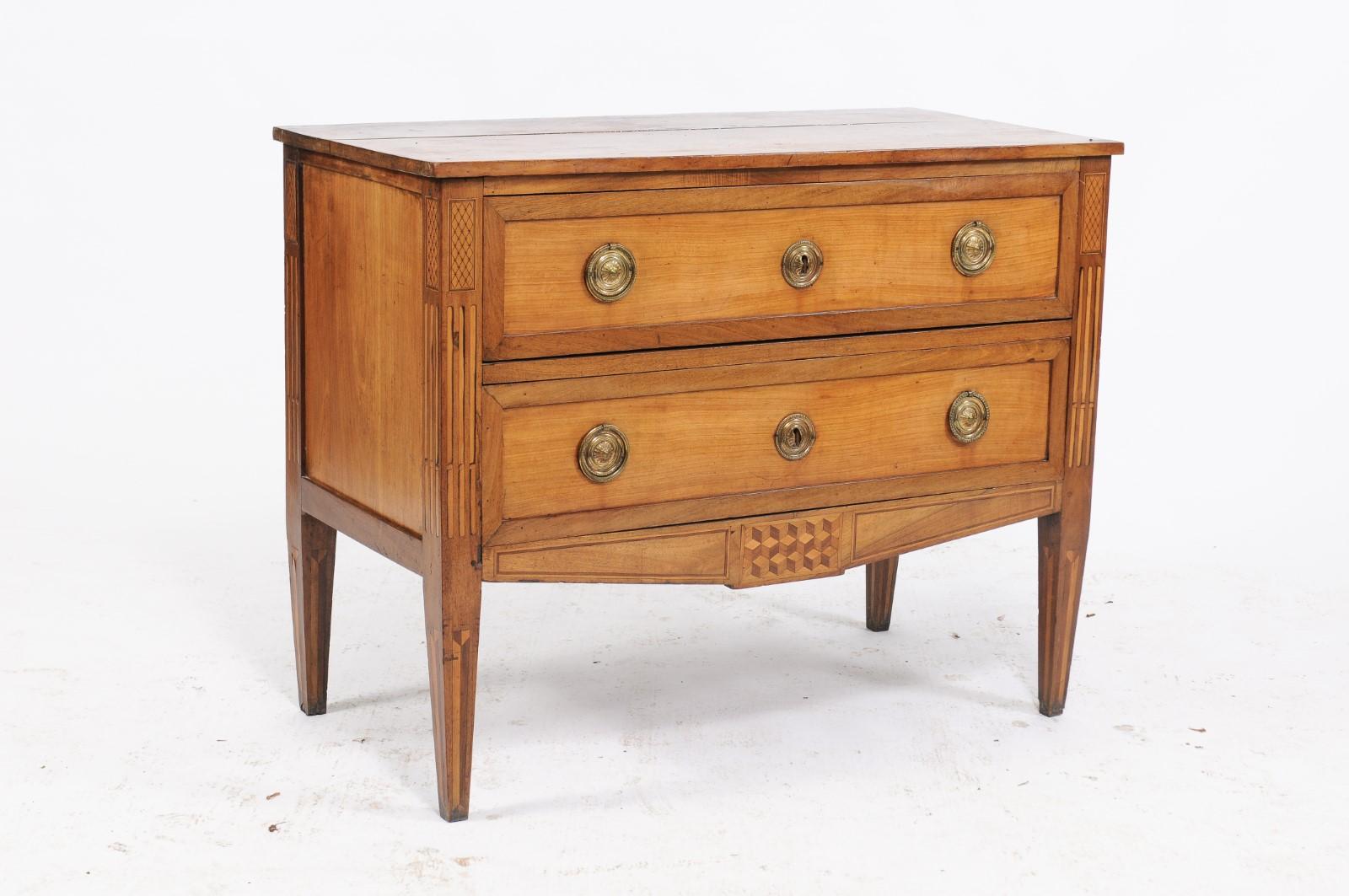 19th Century French Louis XVI Style Pine Two-Drawer Commode with Walnut Marquetry Accents