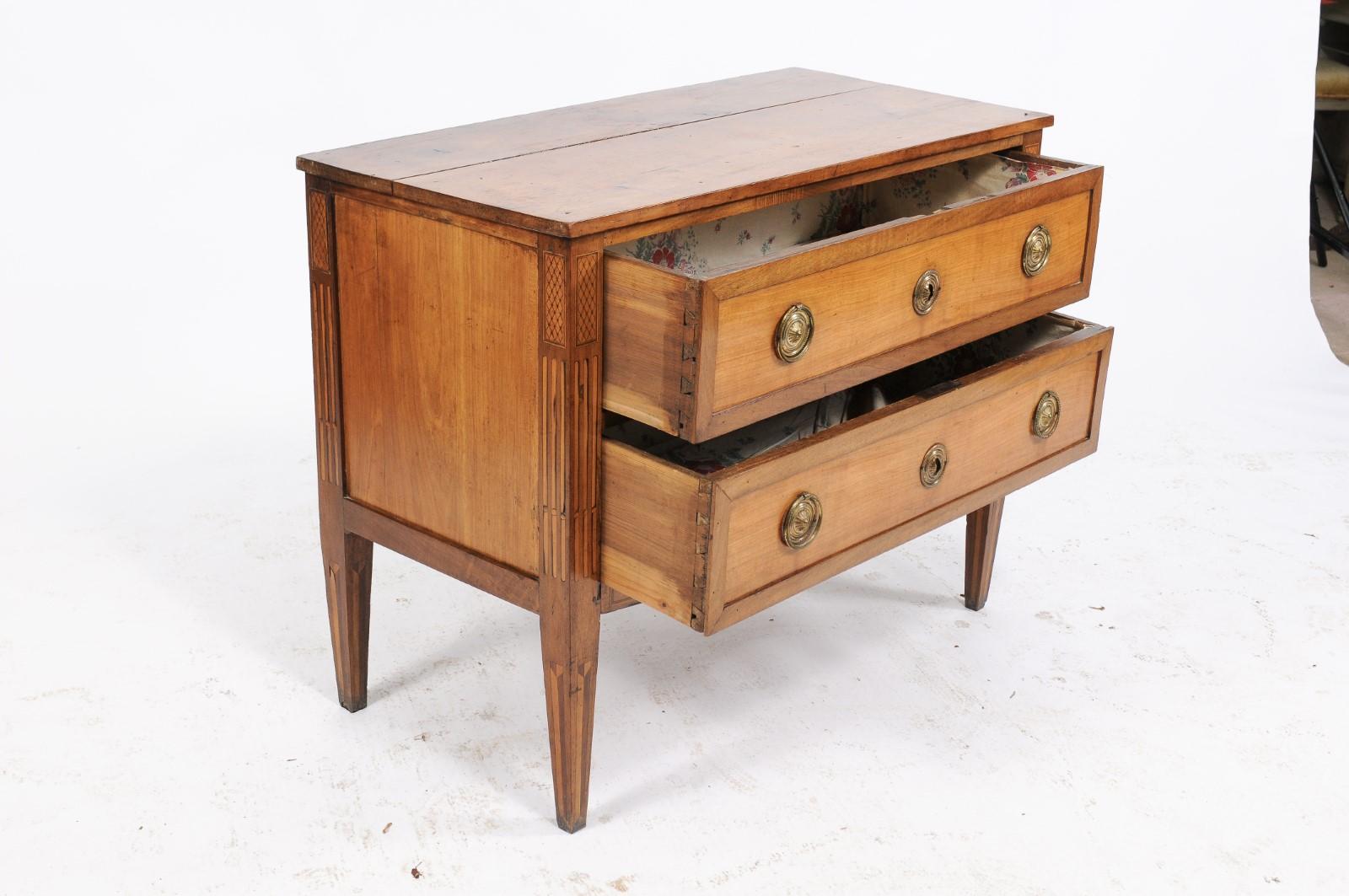 French Louis XVI Style Pine Two-Drawer Commode with Walnut Marquetry Accents 2
