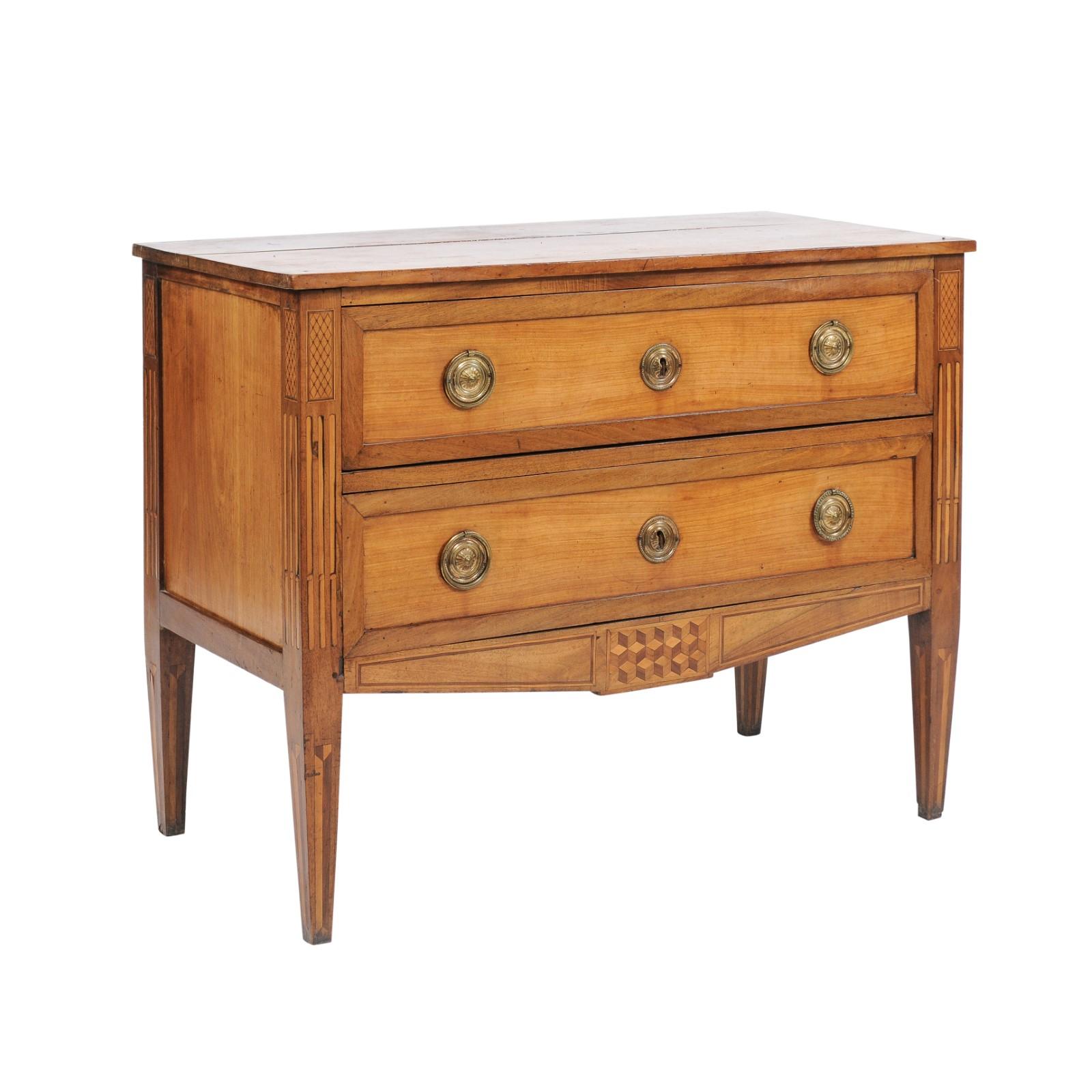 French Louis XVI Style Pine Two-Drawer Commode with Walnut Marquetry Accents