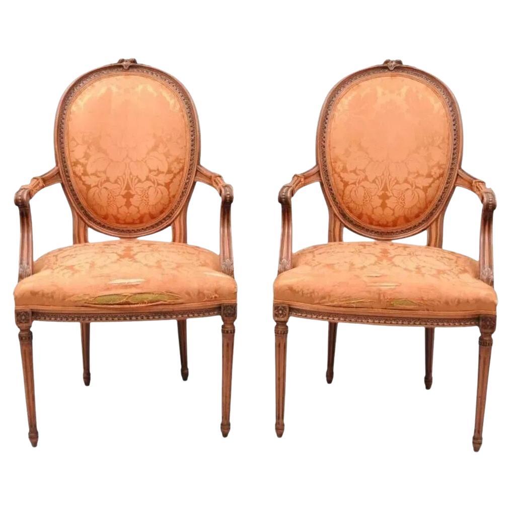 French Louis XVI Style Pink Distress Painted Oval Back Dining Arm Chairs - Pair