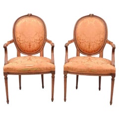 French Louis XVI Style Pink Distress Painted Oval Back Dining Arm Chairs - Pair